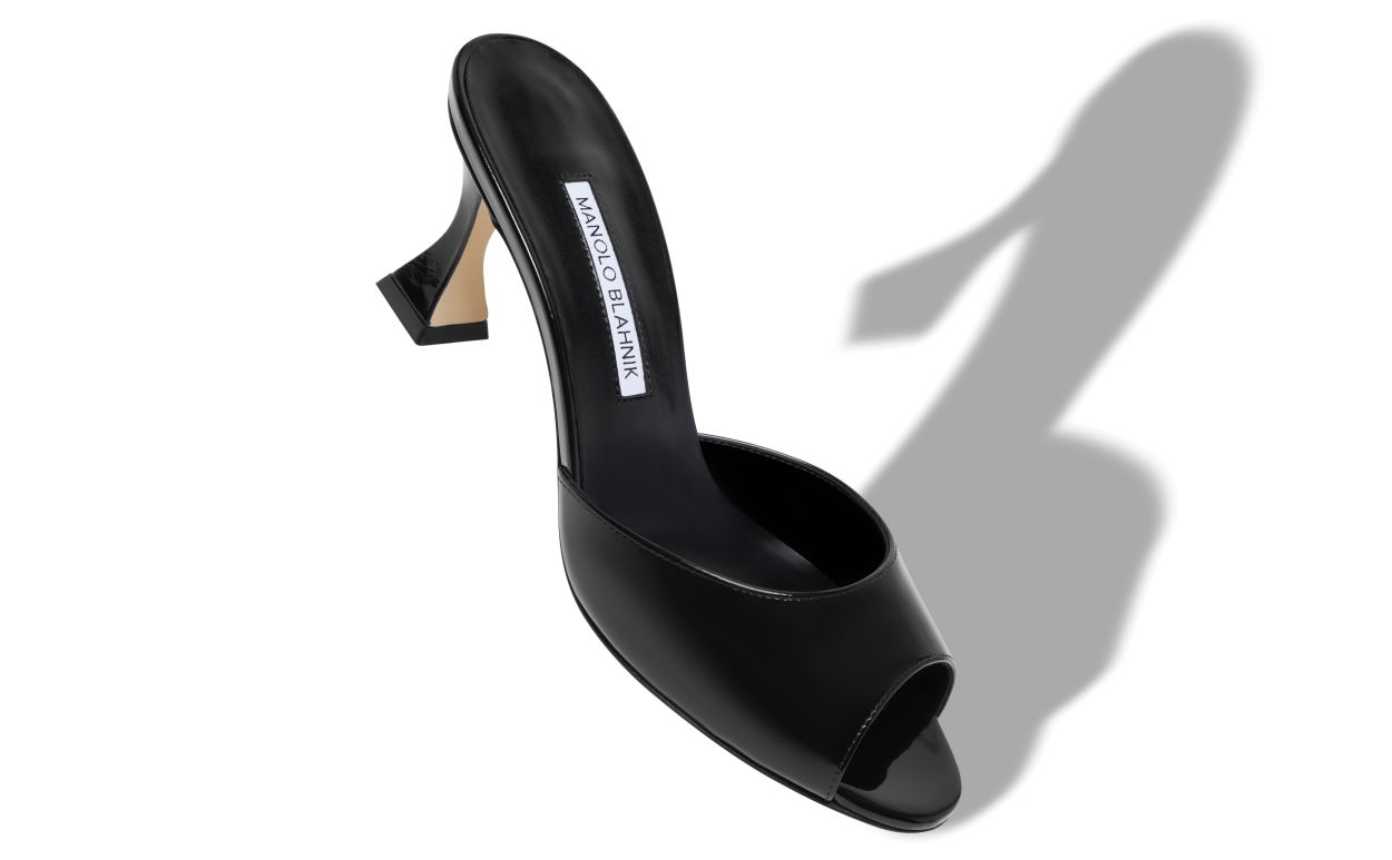 Celeste Jewel Black Open Toe Mules – front three-quarter view showing black open toe, patent leather, SimmiUnique