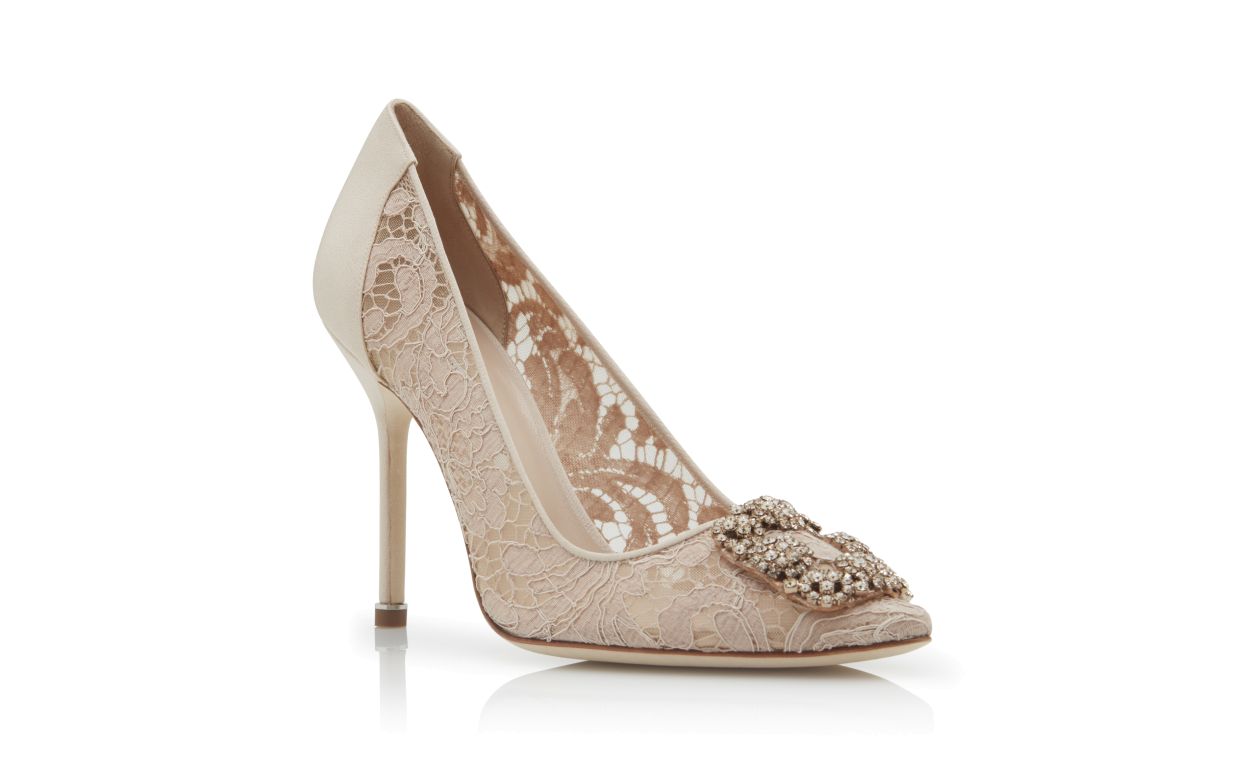Ophelia Dawn Neutral Jewel Buckle Pumps – top view showing neutral jewel buckle, crystal buckle, almond toe, satin…