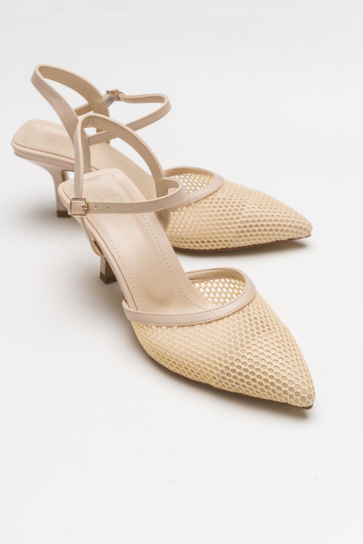 Chic - Beige Heeled Shoe – detail view showing leather, SimmiUnique