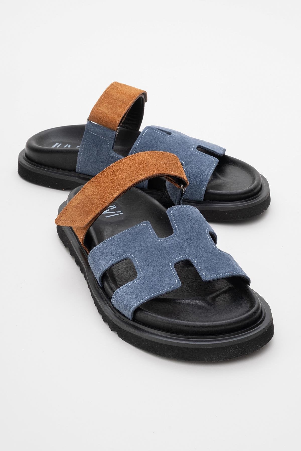 Morte - Navy Cognac Suede Leather Slide Sandal – front three-quarter view showing leather, suede, red, SimmiUnique