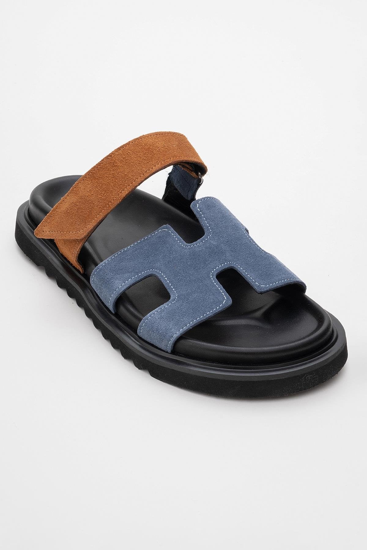 Morte - Navy Cognac Suede Leather Slide Sandal – detail view showing leather, suede, red, SimmiUnique