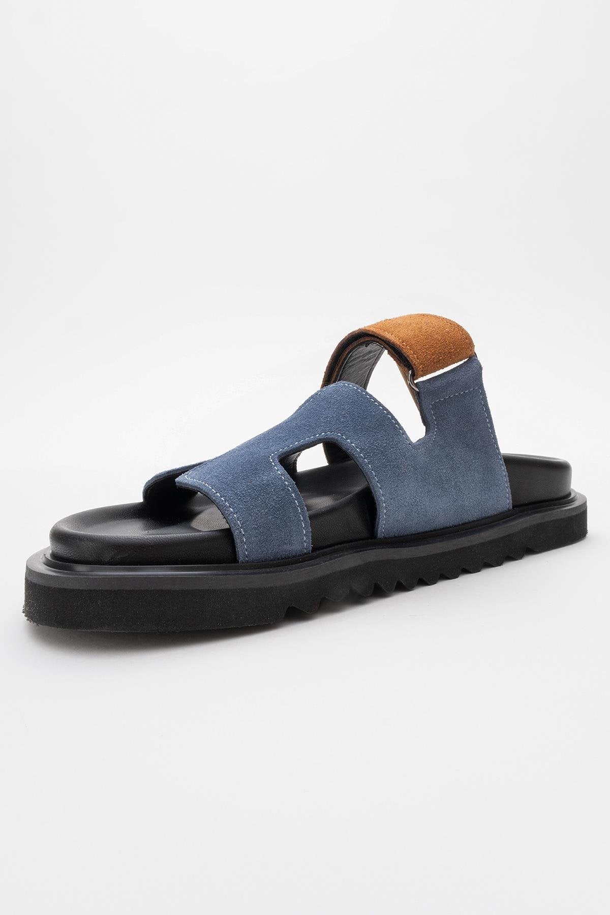 Morte - Navy Cognac Suede Leather Slide Sandal – heel view showing leather, suede, red, SimmiUnique