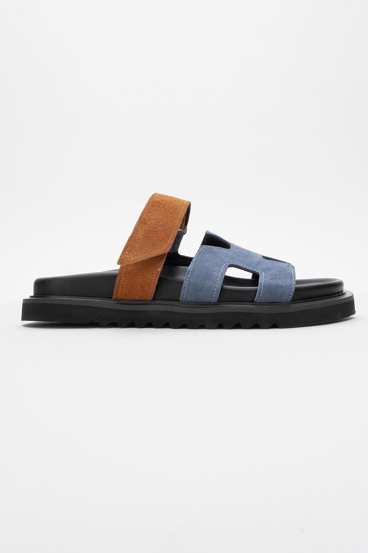 Morte - Navy Cognac Suede Leather Slide Sandal – top view showing leather, suede, red, SimmiUnique