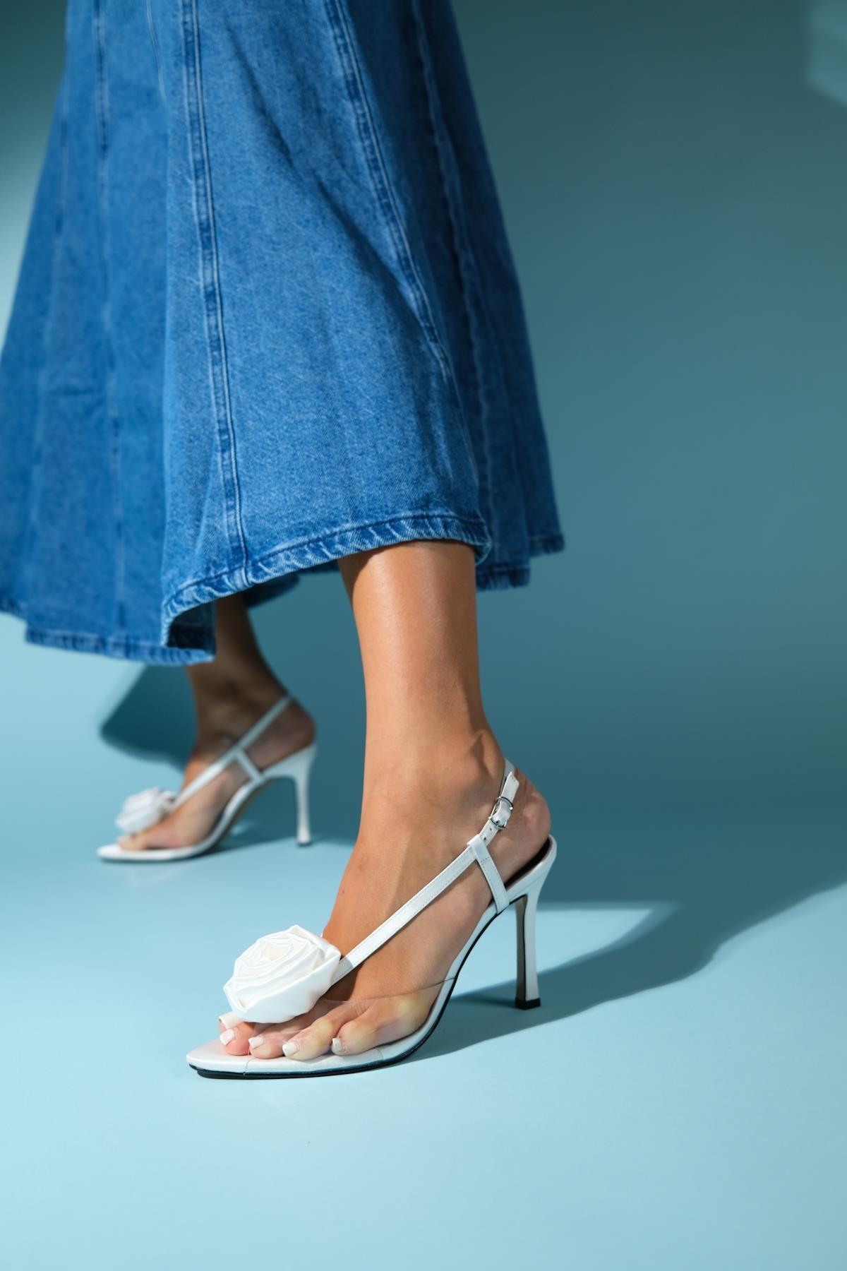 Aisne - White Floral Transparent Thin Heel Shoe – detail view showing satin, leather, white, SimmiUnique