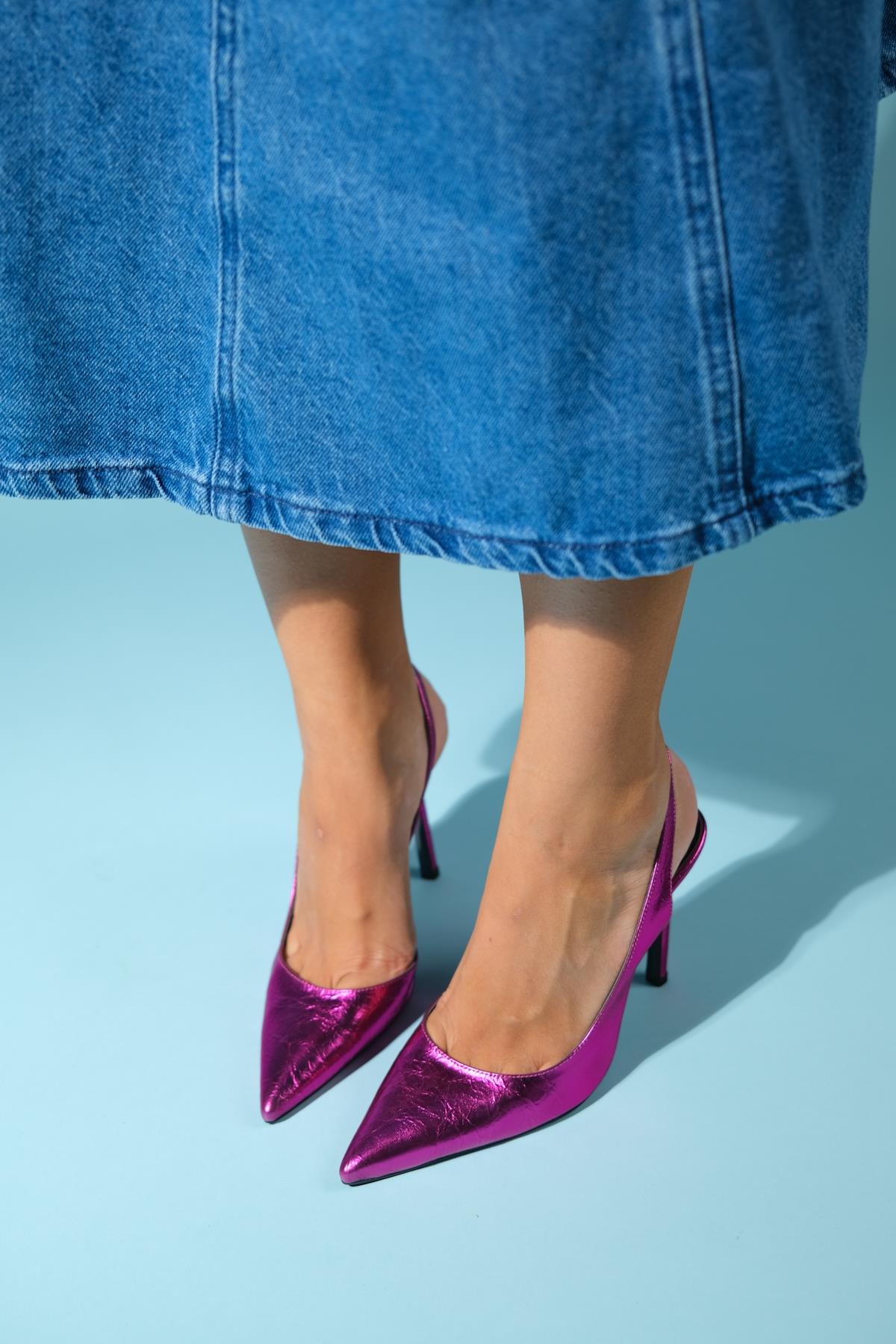 Twine - Metallic Fuchsia Heeled Shoe – top view showing leather, metallic, SimmiUnique