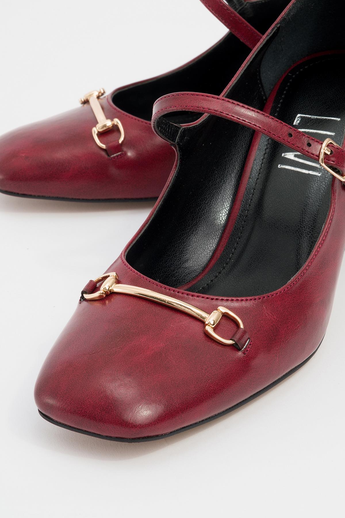 Levan - Burgundy Buckle Chunky Heel Shoe – detail view showing leather, SimmiUnique