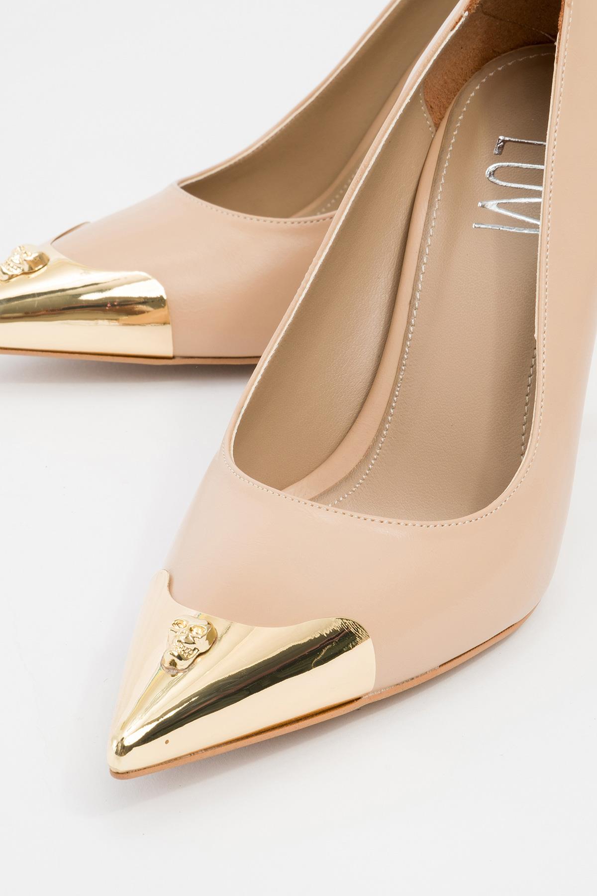 Pruva - Beige High Heel Shoe – detail view showing leather, SimmiUnique