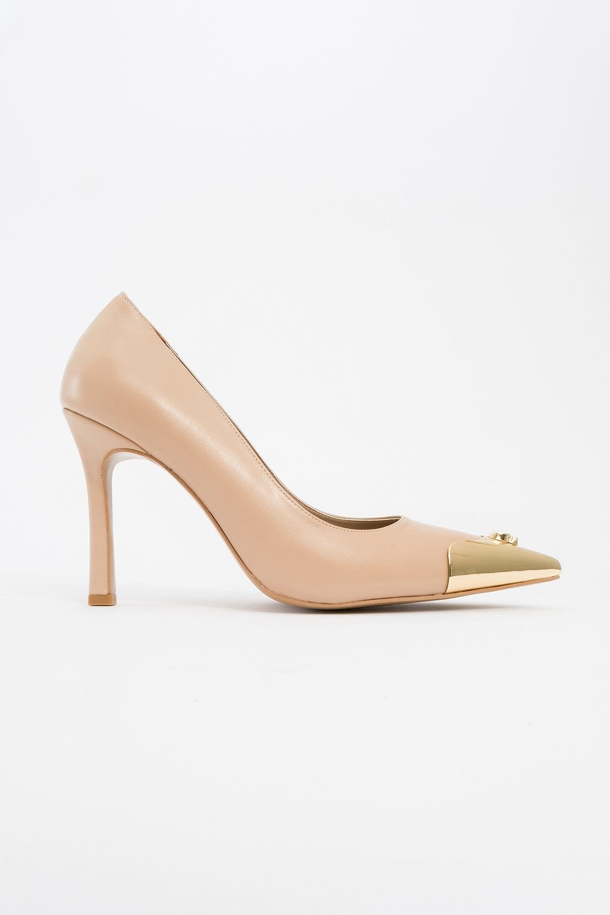 Pruva - Beige High Heel Shoe – heel view showing leather, SimmiUnique