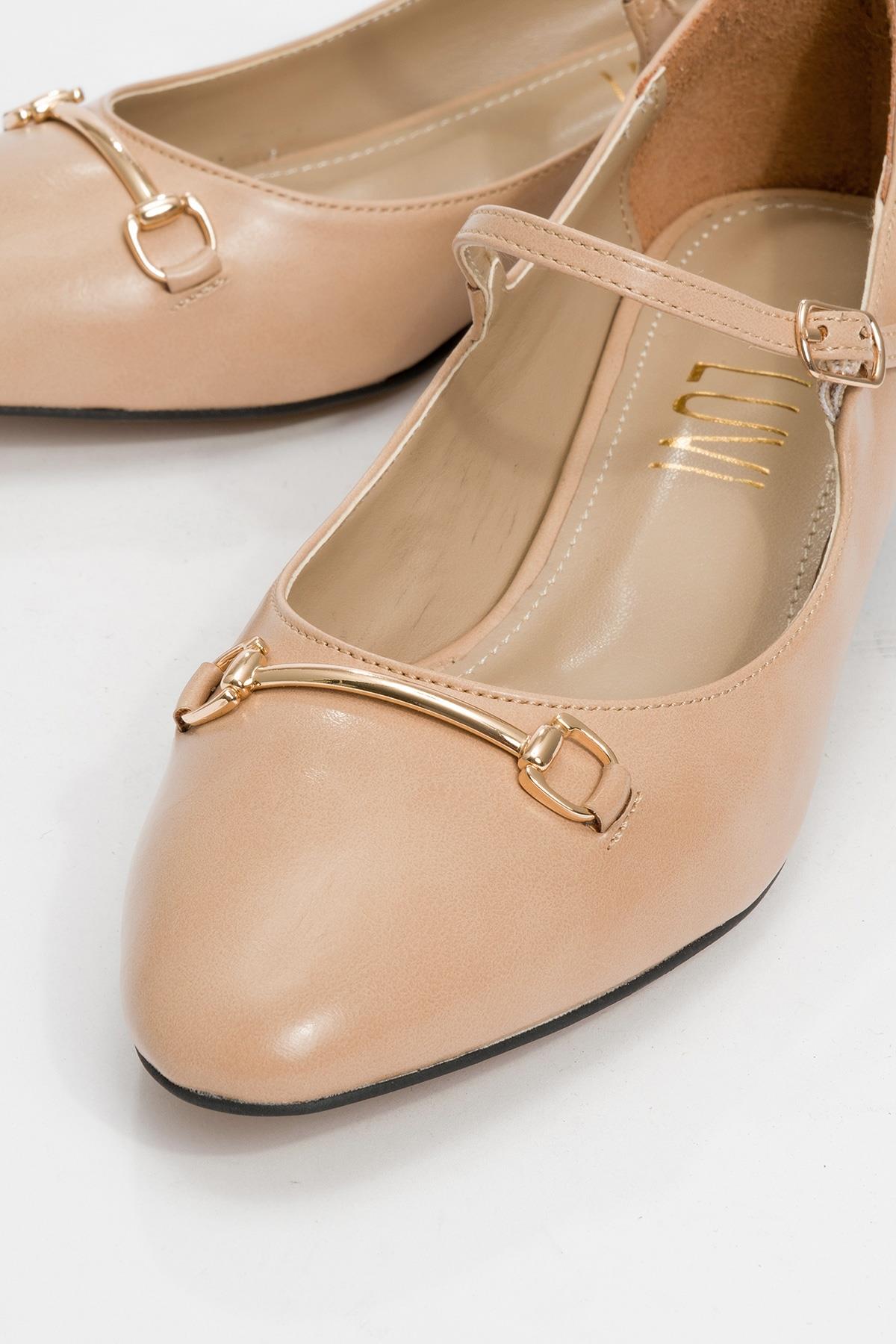 Ojen - Beige Low Heel Shoe – detail view showing leather, SimmiUnique