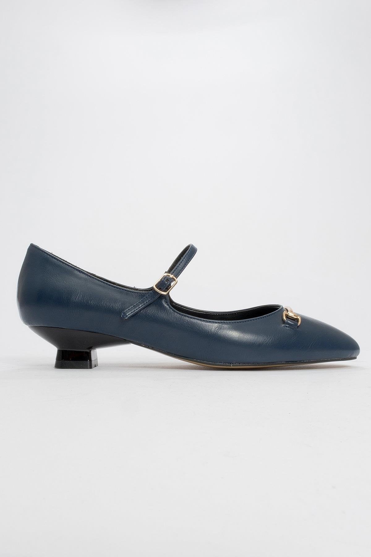 Ojen - Navy Low Heel Shoe – heel view showing leather, SimmiUnique