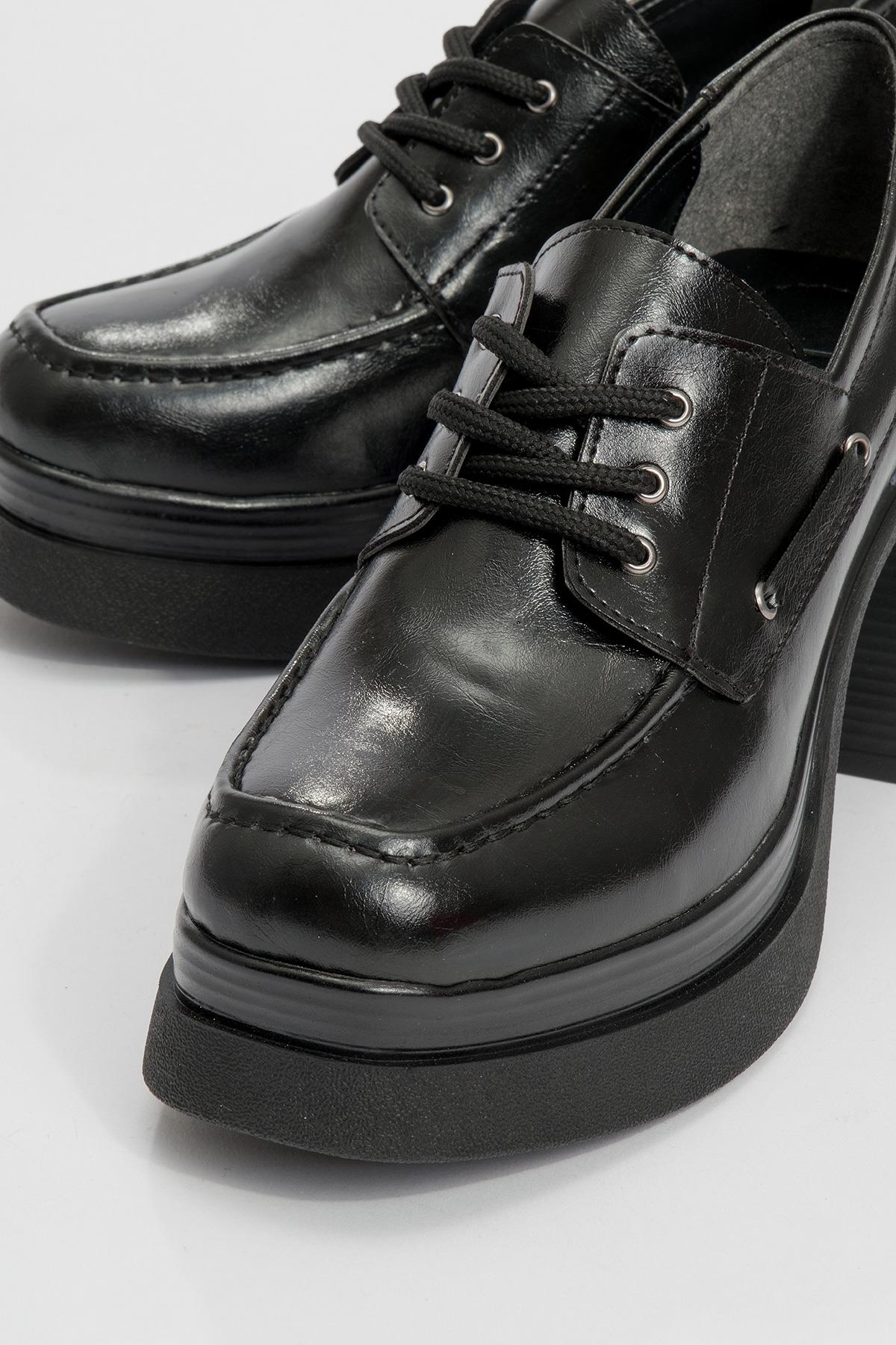 Dudley - Black Lace-Up Platform Heel Shoe – detail view showing lace, leather, black, SimmiUnique
