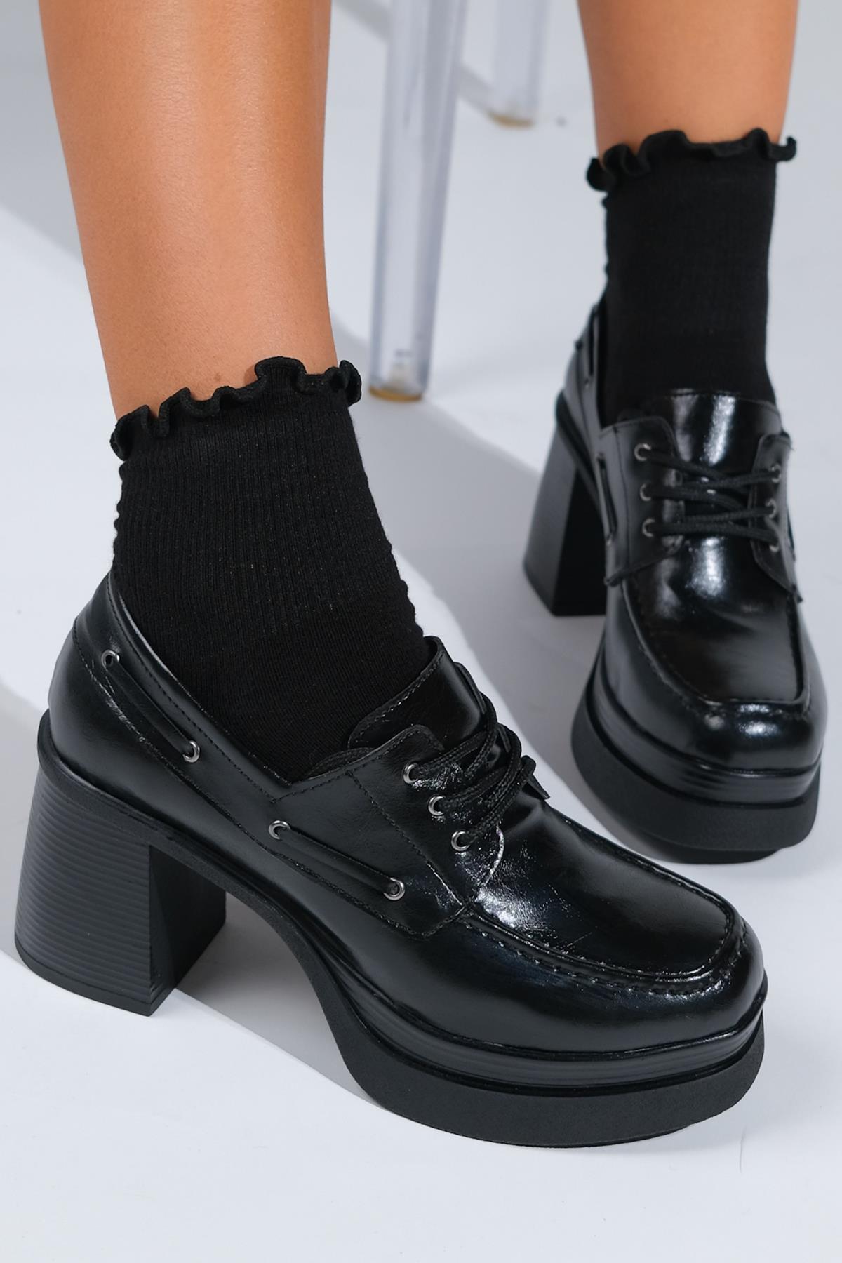 Dudley - Black Lace-Up Platform Heel Shoe – back view showing lace, leather, black, SimmiUnique