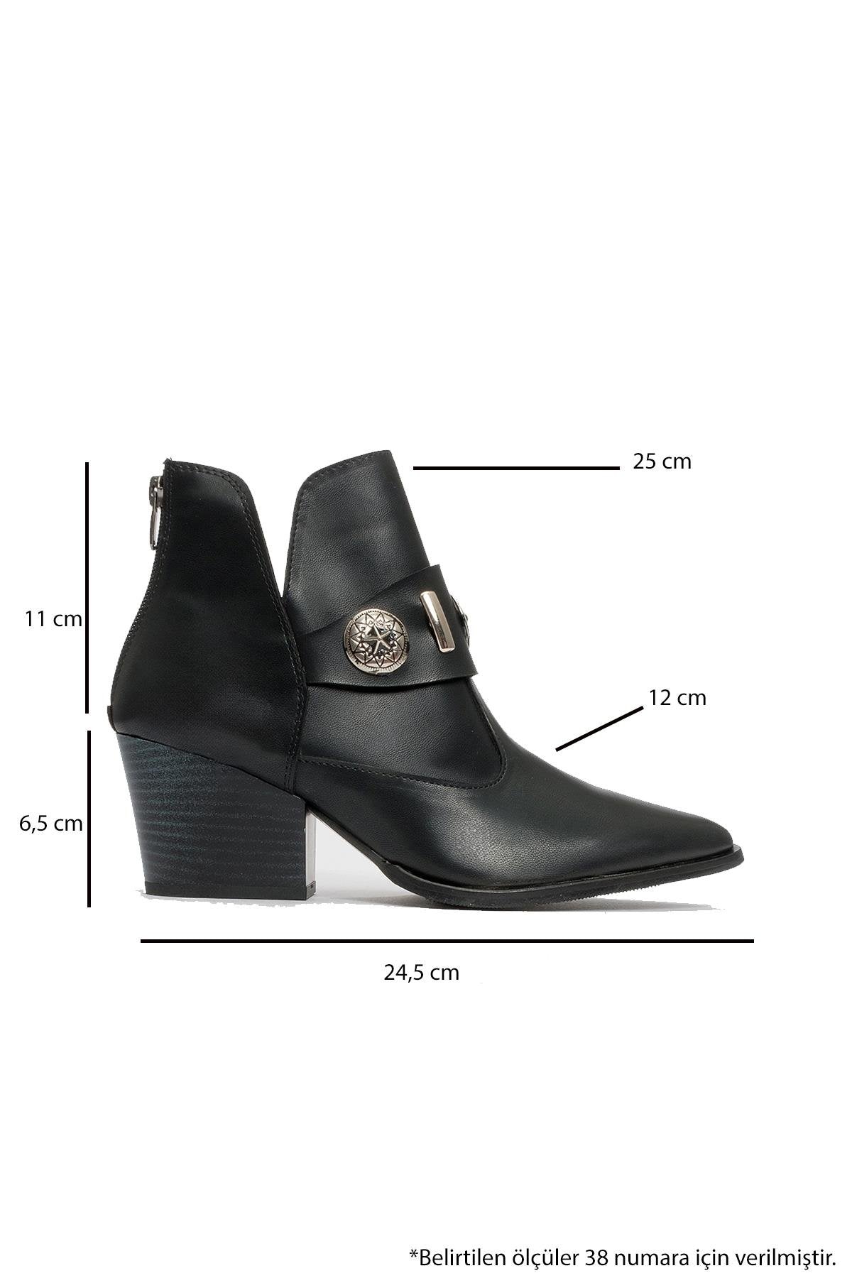Kenda Black Buckle Block Heel Boot – heel view showing leather, black, red, SimmiUnique