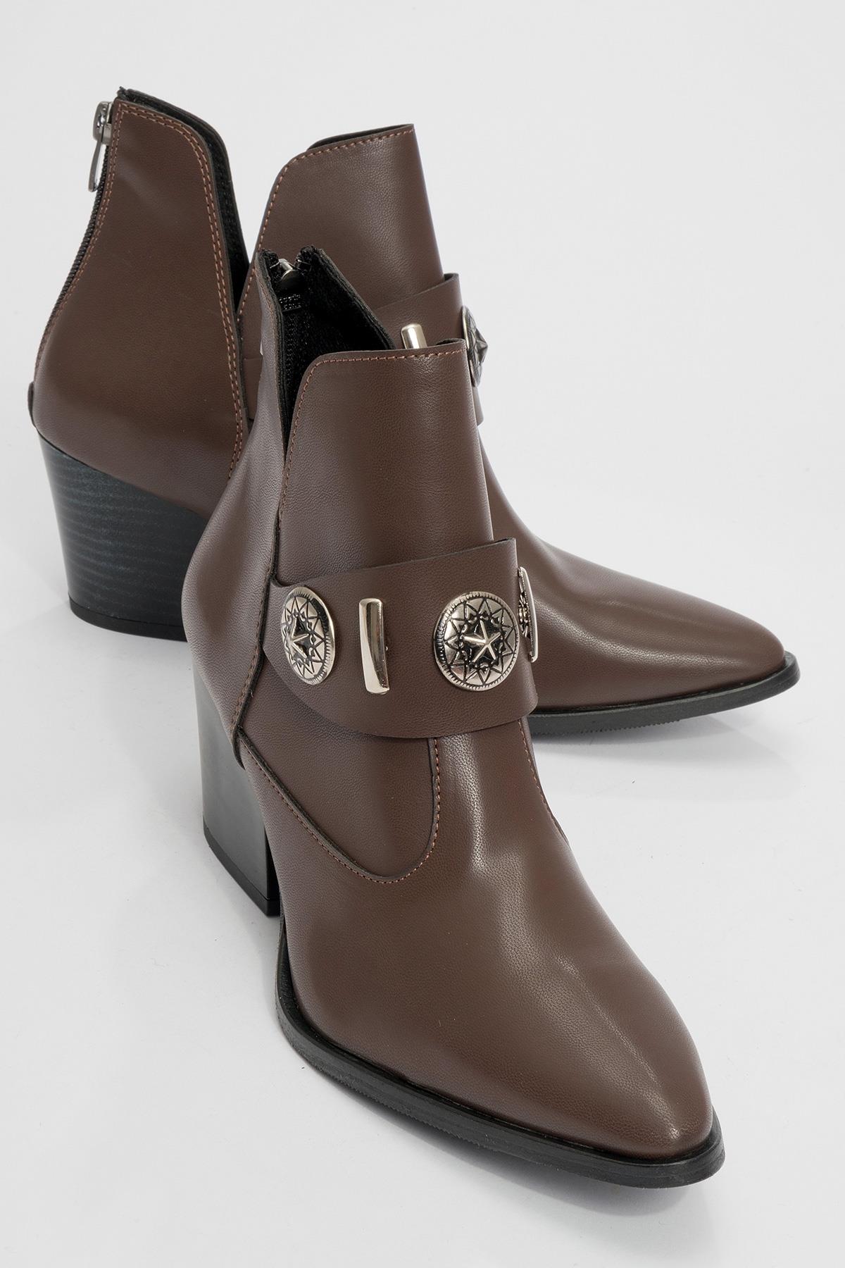 Kenda Brown Buckle Block Heel Boot – front three-quarter view showing leather, red, SimmiUnique