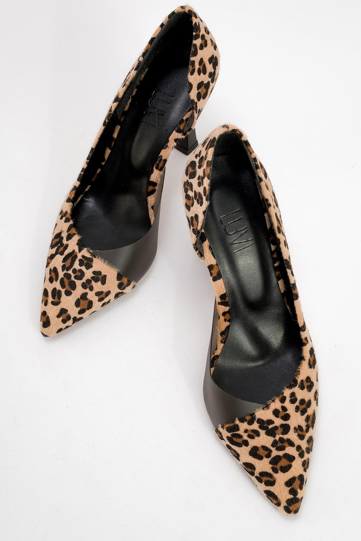 Ursula - Black And Yellow Patterned Heeled Shoe – side view showing leather, black, SimmiUnique