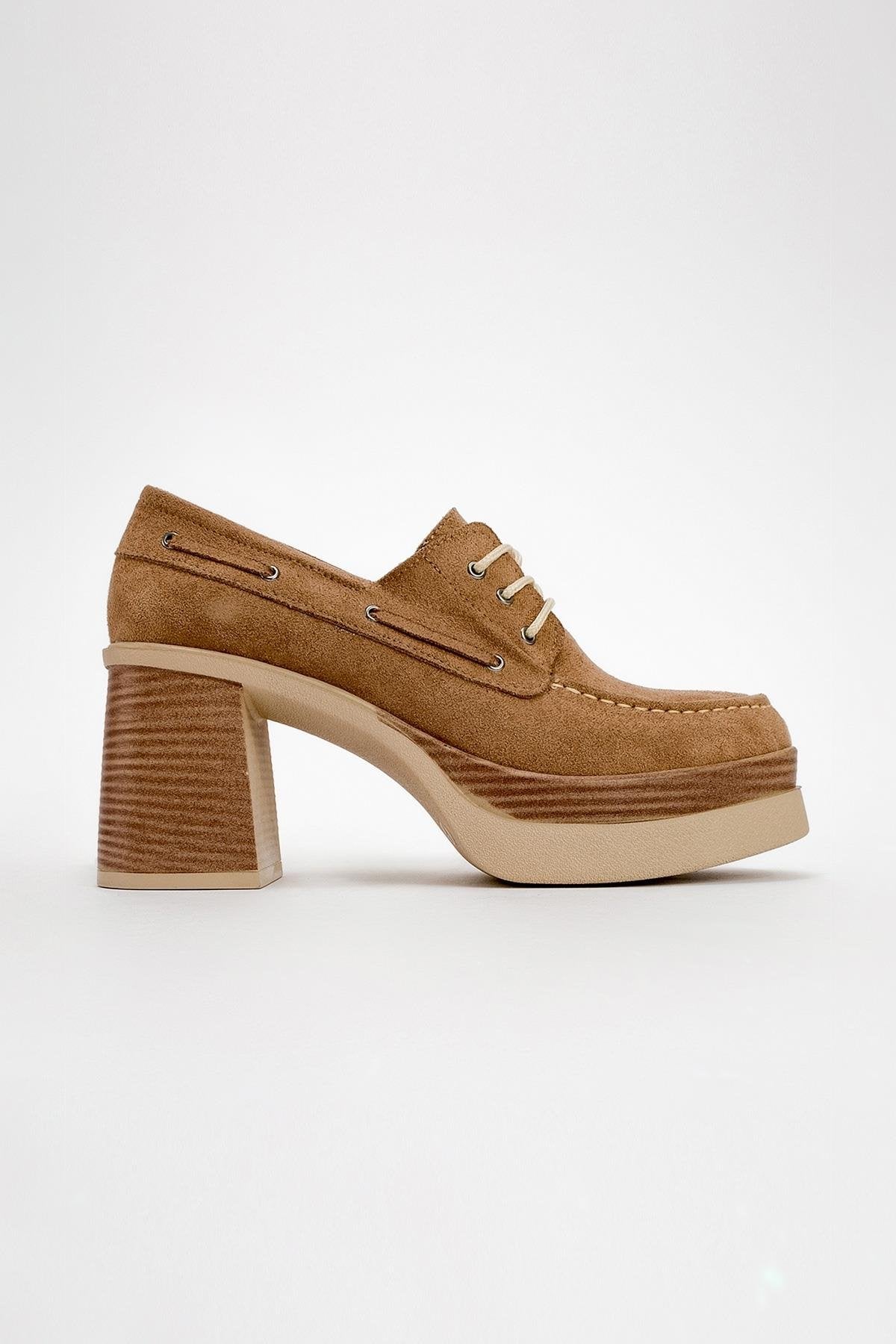 Dudley - Taupe Platform Heel Shoe – heel view showing lace, leather, SimmiUnique