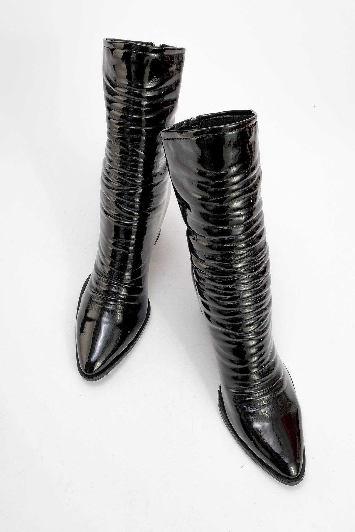 Laval - Black Patent Block Heel Boot – side view showing leather, black, red, SimmiUnique
