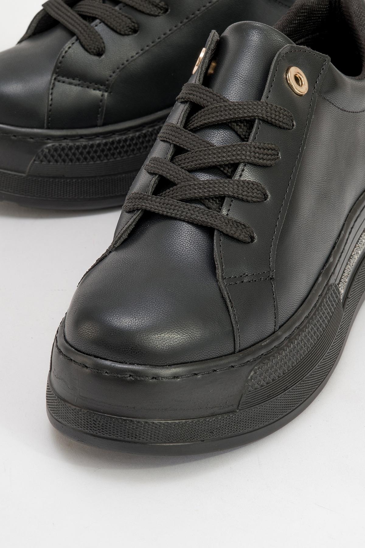 Poem - Black Embellished Chunky Platform Sneaker – detail view showing leather, black, SimmiUnique