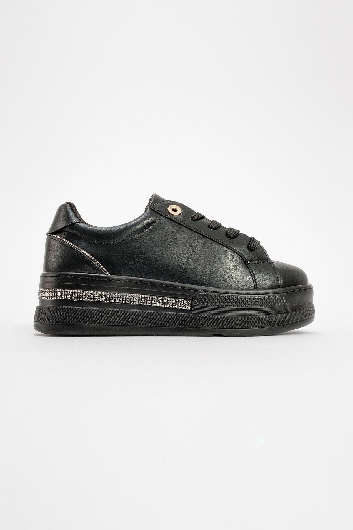 Poem - Black Embellished Chunky Platform Sneaker – heel view showing leather, black, SimmiUnique