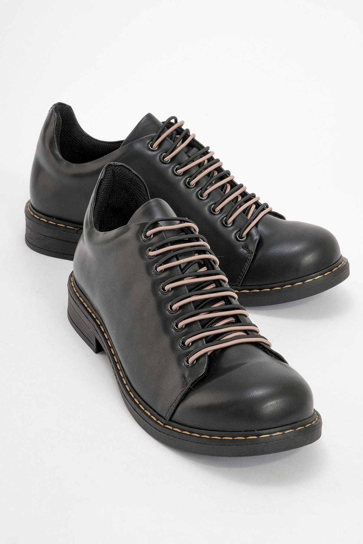 Festy - Black Elastic Lace-Up Everyday Shoe – front three-quarter view showing lace, leather, black, SimmiUnique