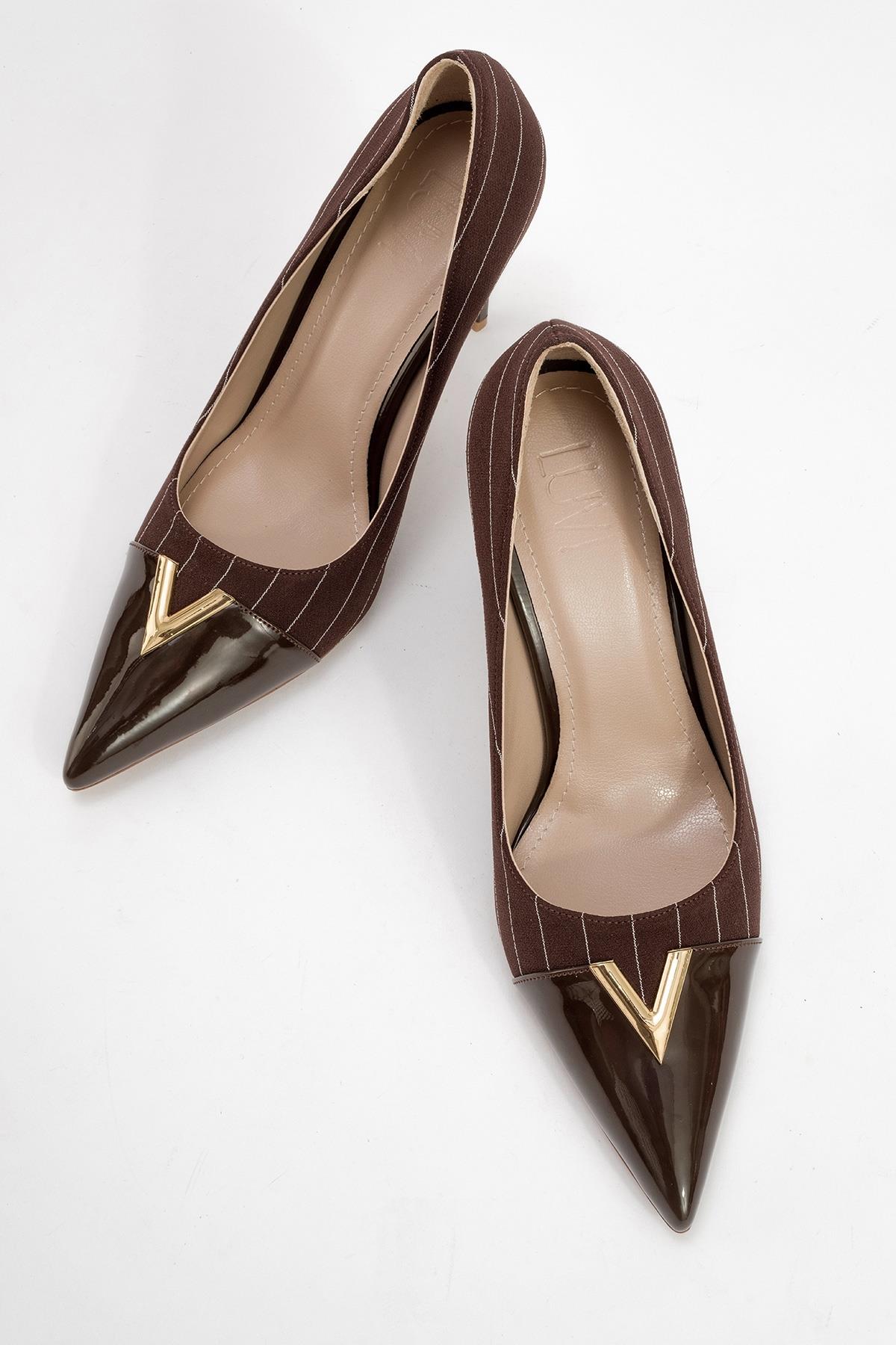 Arrow - Brown Striped Patent Gold Buckle High-Heel Shoe – side view showing leather, metallic, gold, SimmiUnique