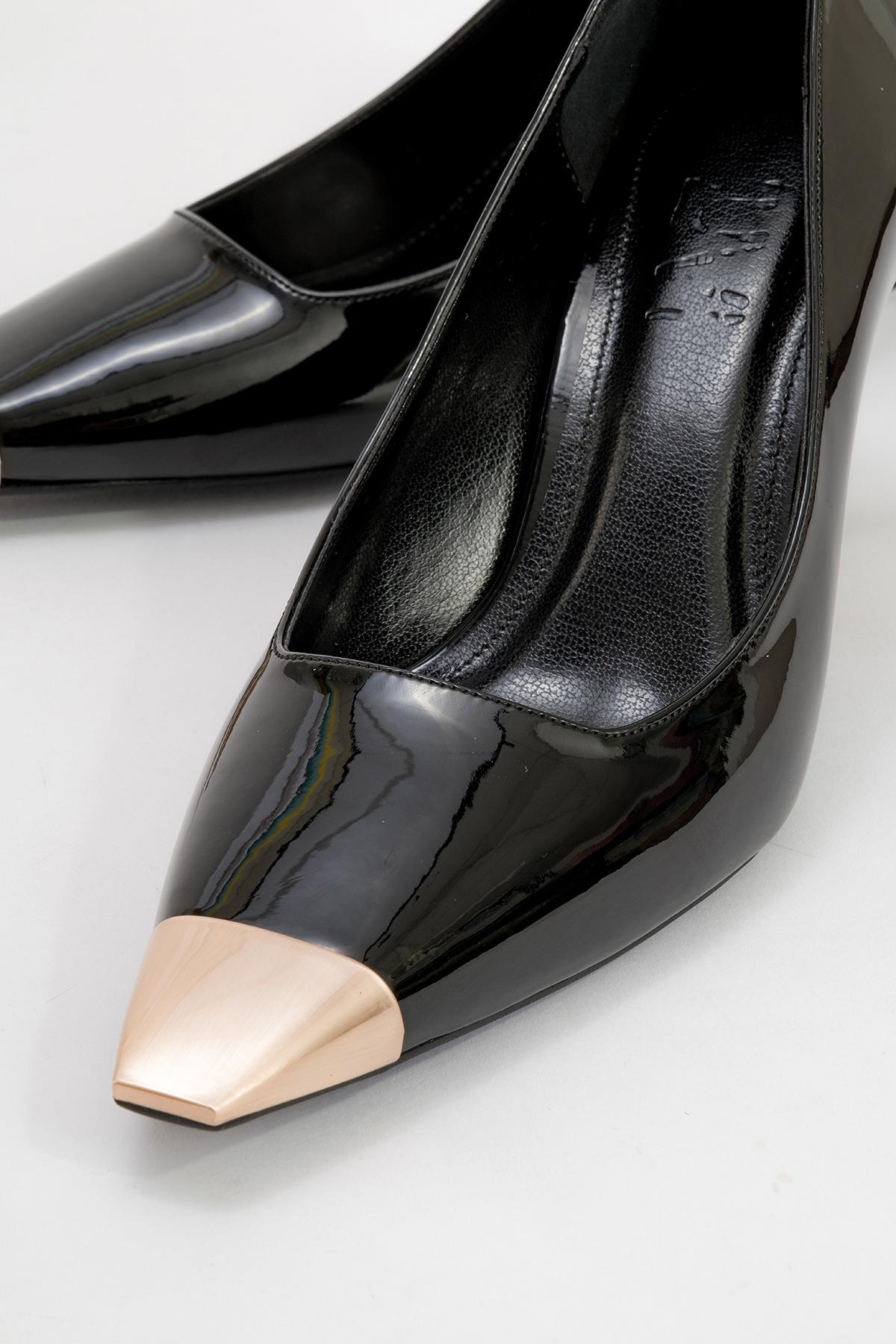 Moanda - Black Stiletto Pump – detail view showing leather, black, SimmiUnique