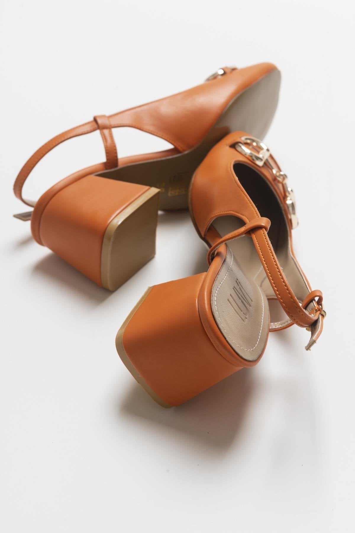 Karol - Orange Heeled Shoe – detail view showing leather, SimmiUnique