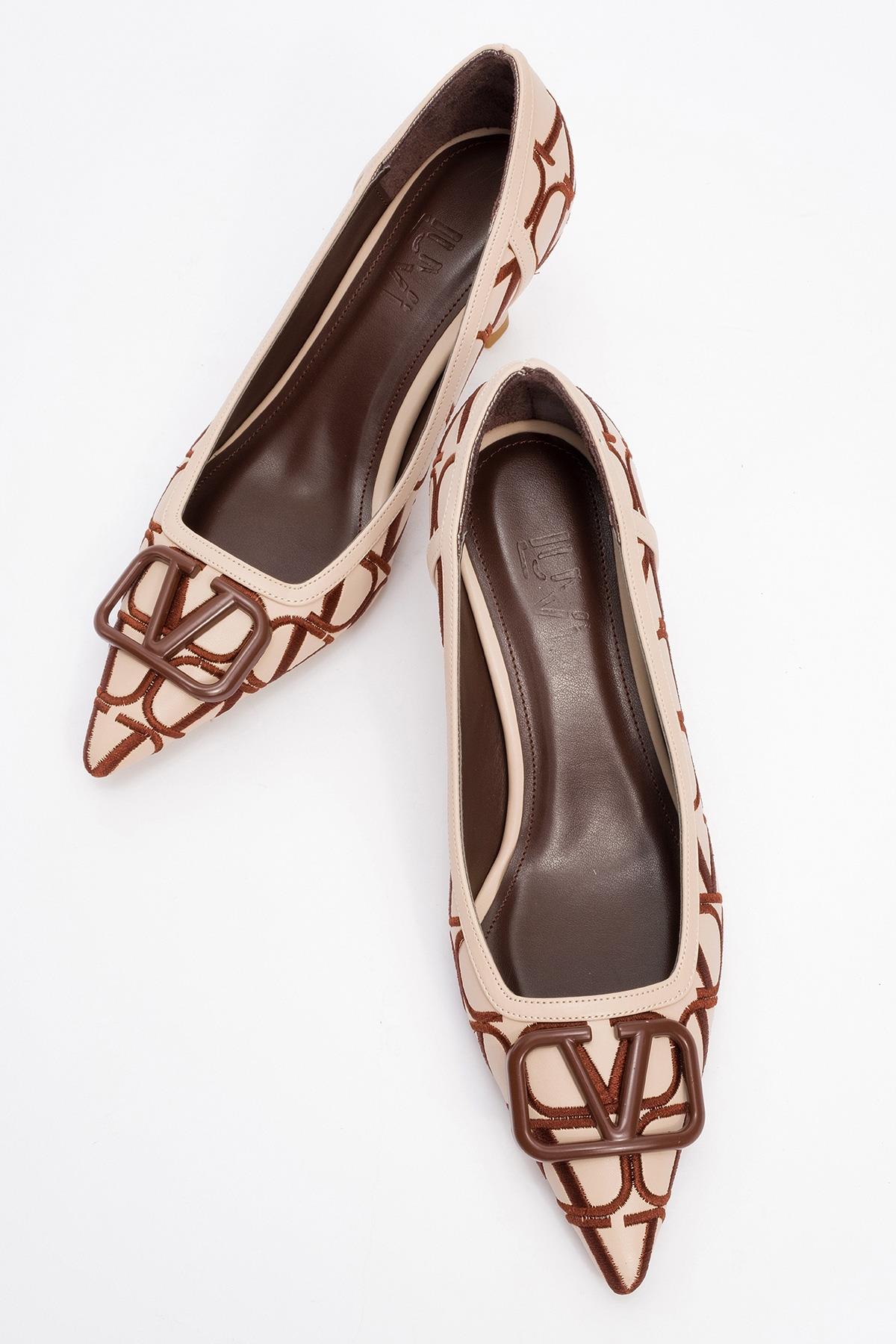 Togo - Beige-Cognac Heeled Shoe – side view showing leather, SimmiUnique