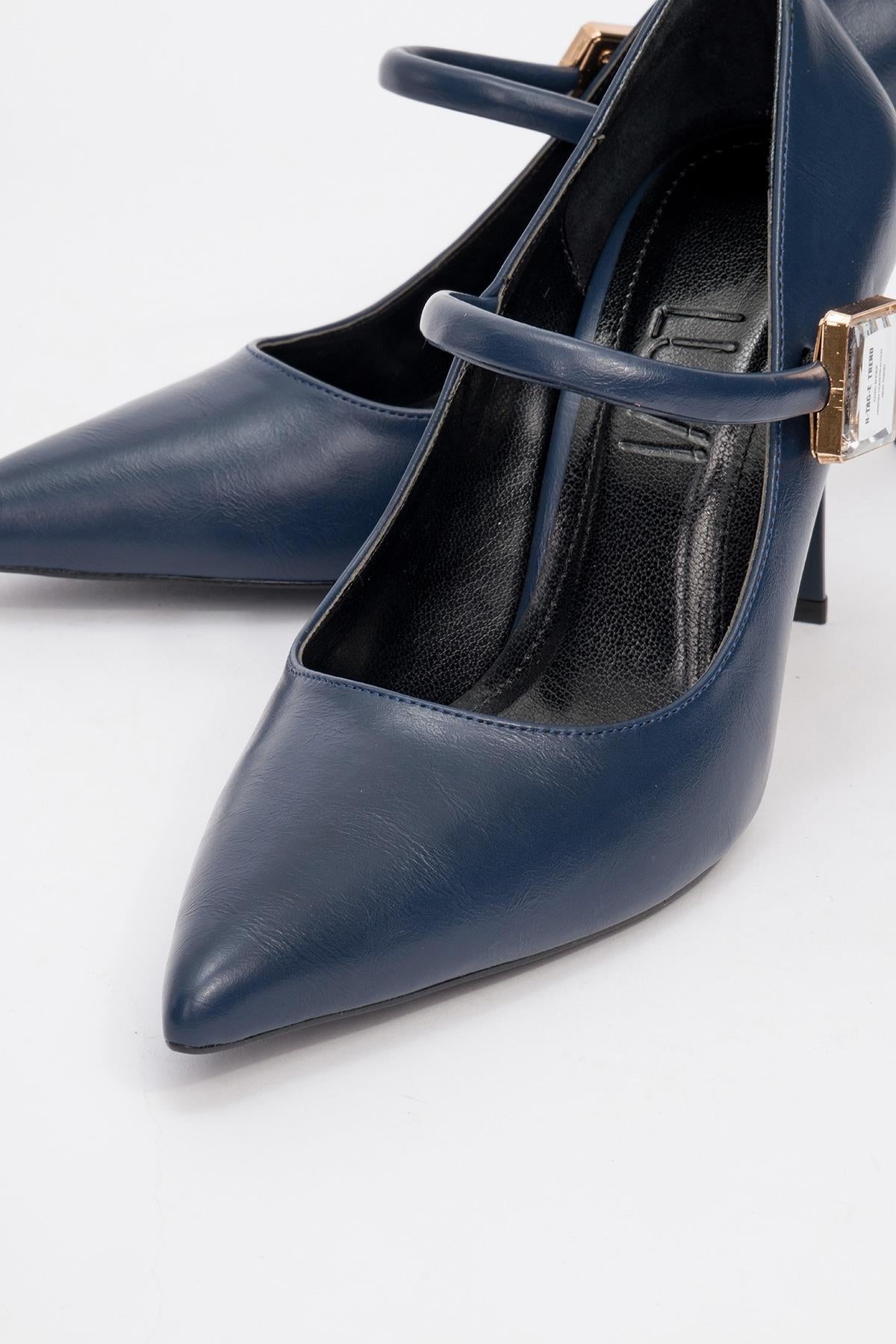 Pattaya - Navy Stone-Embellished Stiletto Pump – detail view showing leather, SimmiUnique