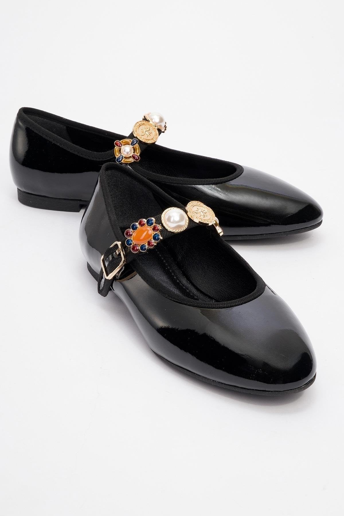 Lauras - Black Patent Embellished Ballet Flat – front three-quarter view showing leather, black, SimmiUnique