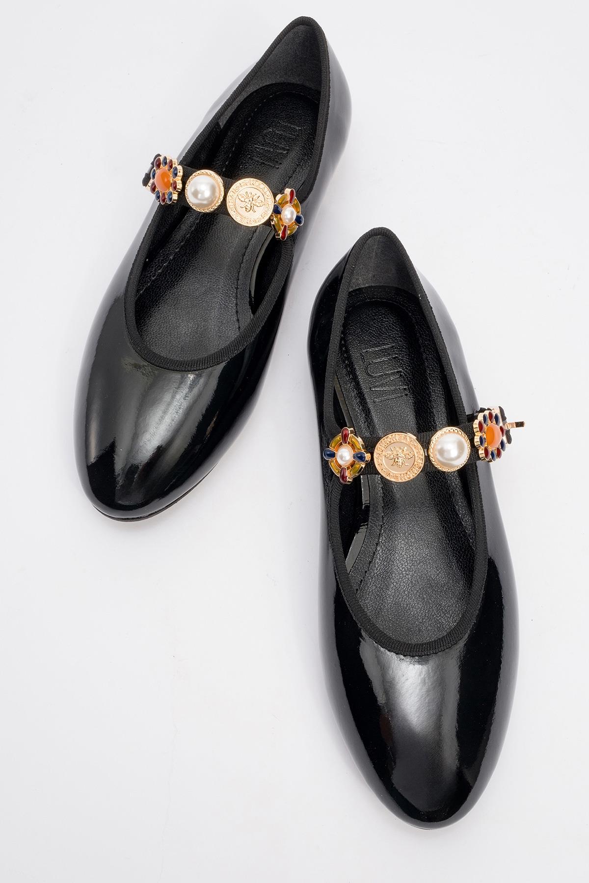 Lauras - Black Patent Embellished Ballet Flat – side view showing leather, black, SimmiUnique