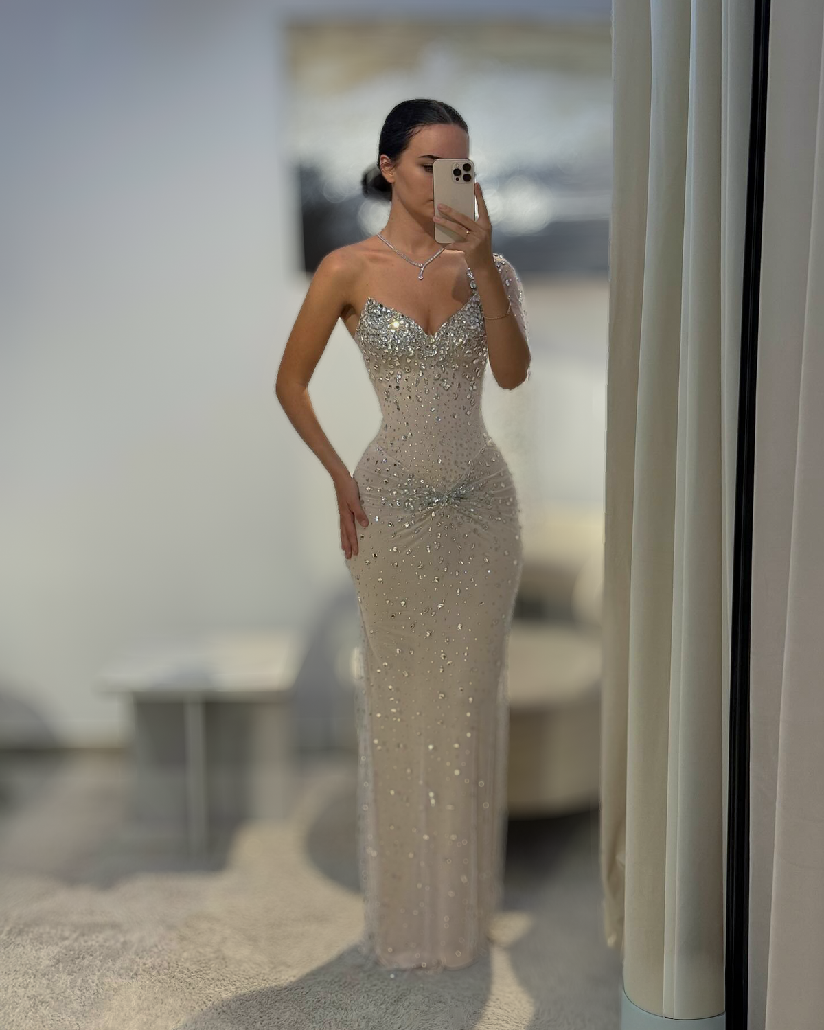 Silver Crystal One Shoulder Couture Gown - SimmiUnique