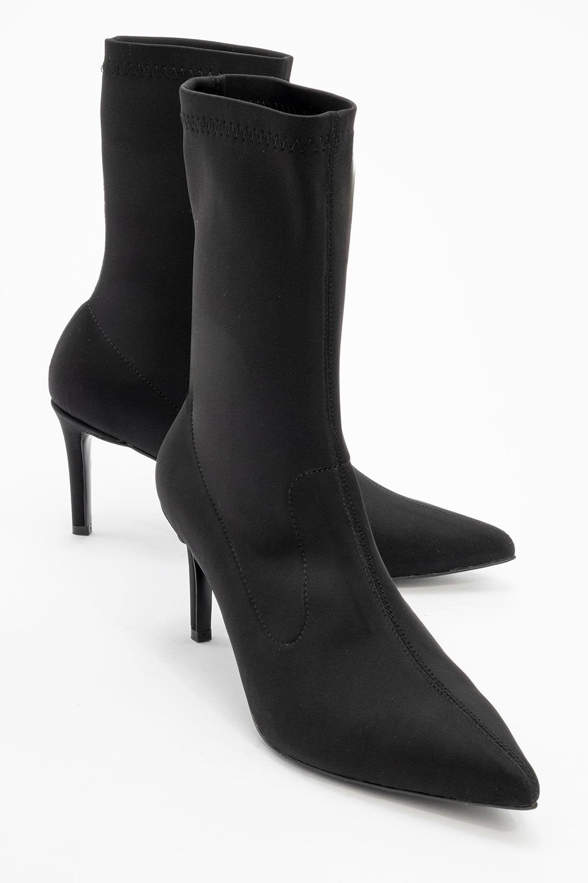 Thalin - Black Stretch Pointed Toe Slim Heel Boot – front three-quarter view showing black, SimmiUnique