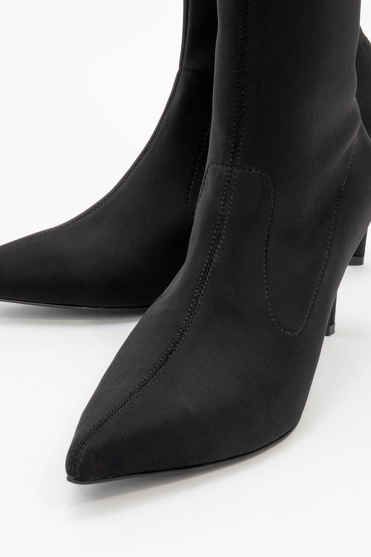Thalin - Black Stretch Pointed Toe Slim Heel Boot – detail view showing black, SimmiUnique