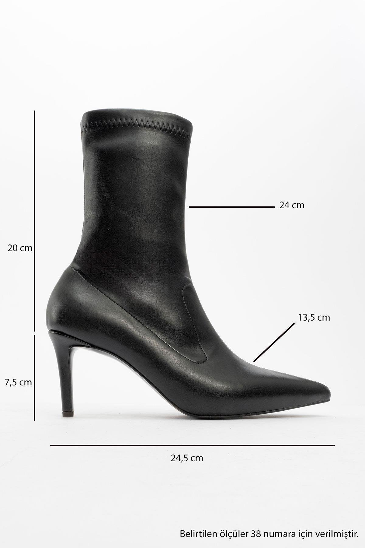 Thalin - Black Pointed Toe Side-Zip Stiletto Heel Boot – heel view showing leather, black, SimmiUnique