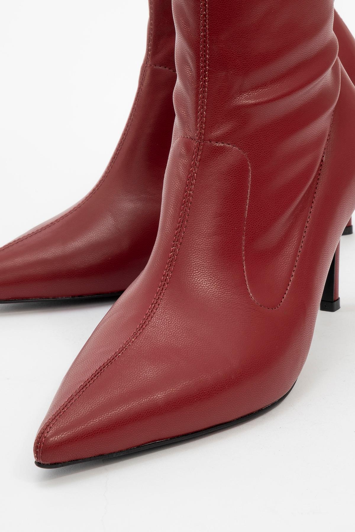 Thalin - Burgundy Pointed Toe Side-Zip Stiletto Heel Boot – detail view showing leather, SimmiUnique