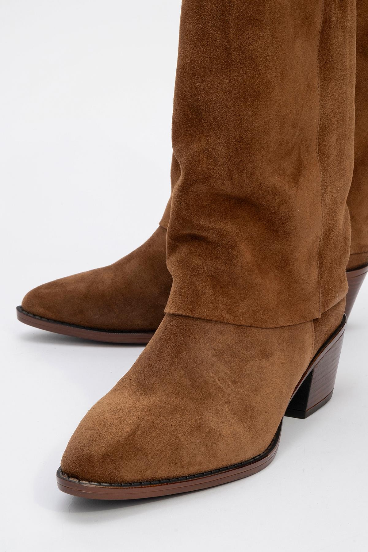 Sojo - Cognac Genuine Leather Block Heel Ankle Boot – detail view showing leather, SimmiUnique