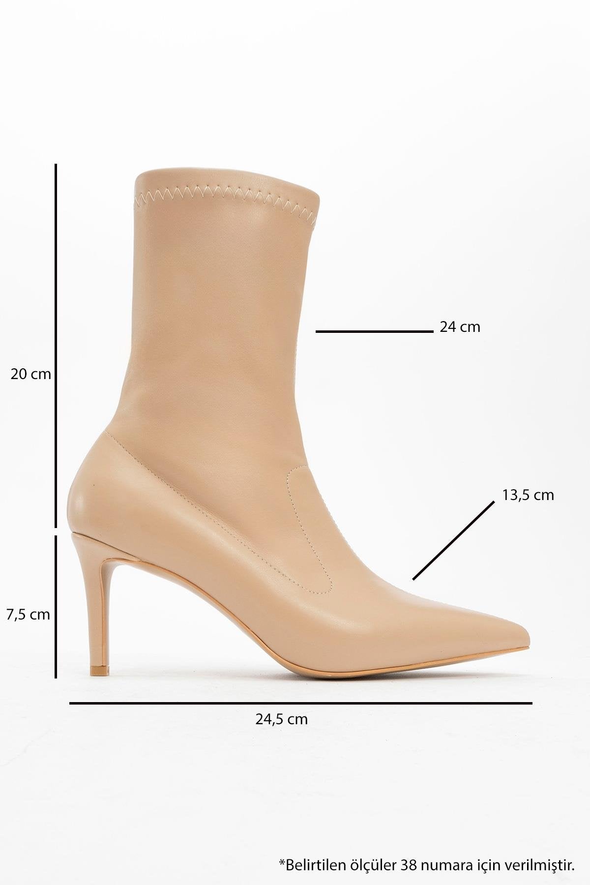 Thalin - Beige Pointed Toe Side-Zip Slim Heel Boot – heel view showing leather, SimmiUnique