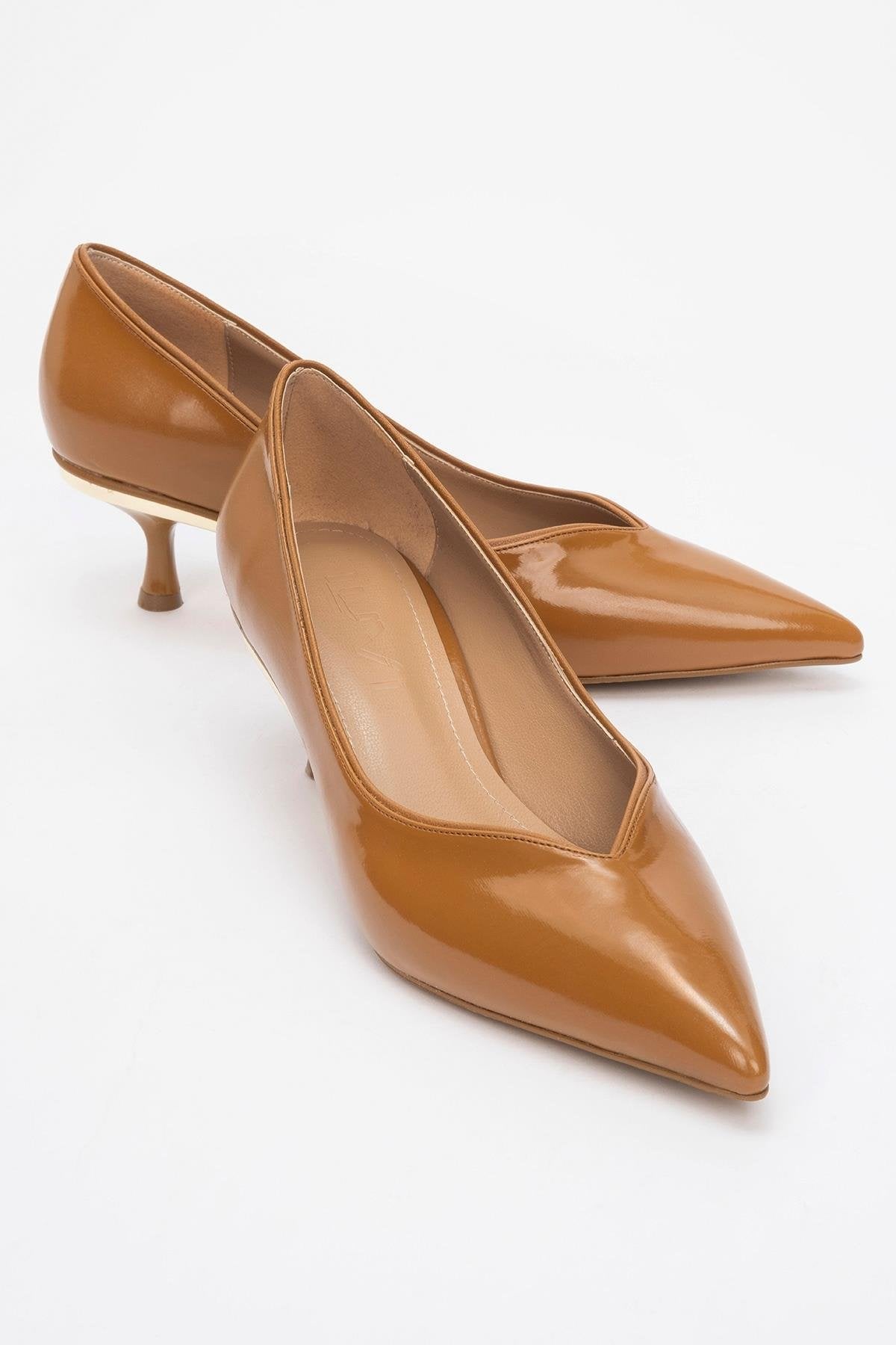 Eupho - Cognac Patent Low Heel Pump – front three-quarter view showing leather, SimmiUnique