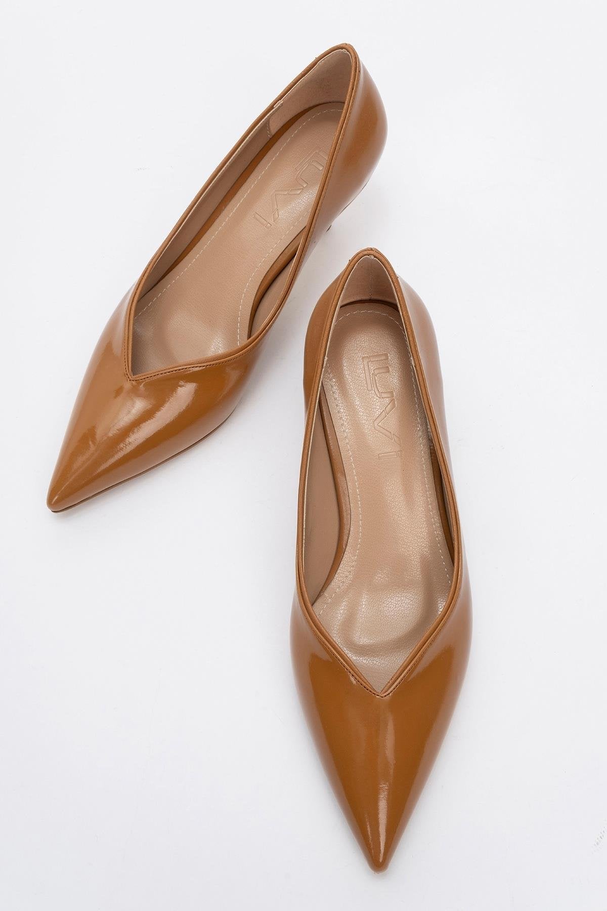 Eupho - Cognac Patent Low Heel Pump – side view showing leather, SimmiUnique