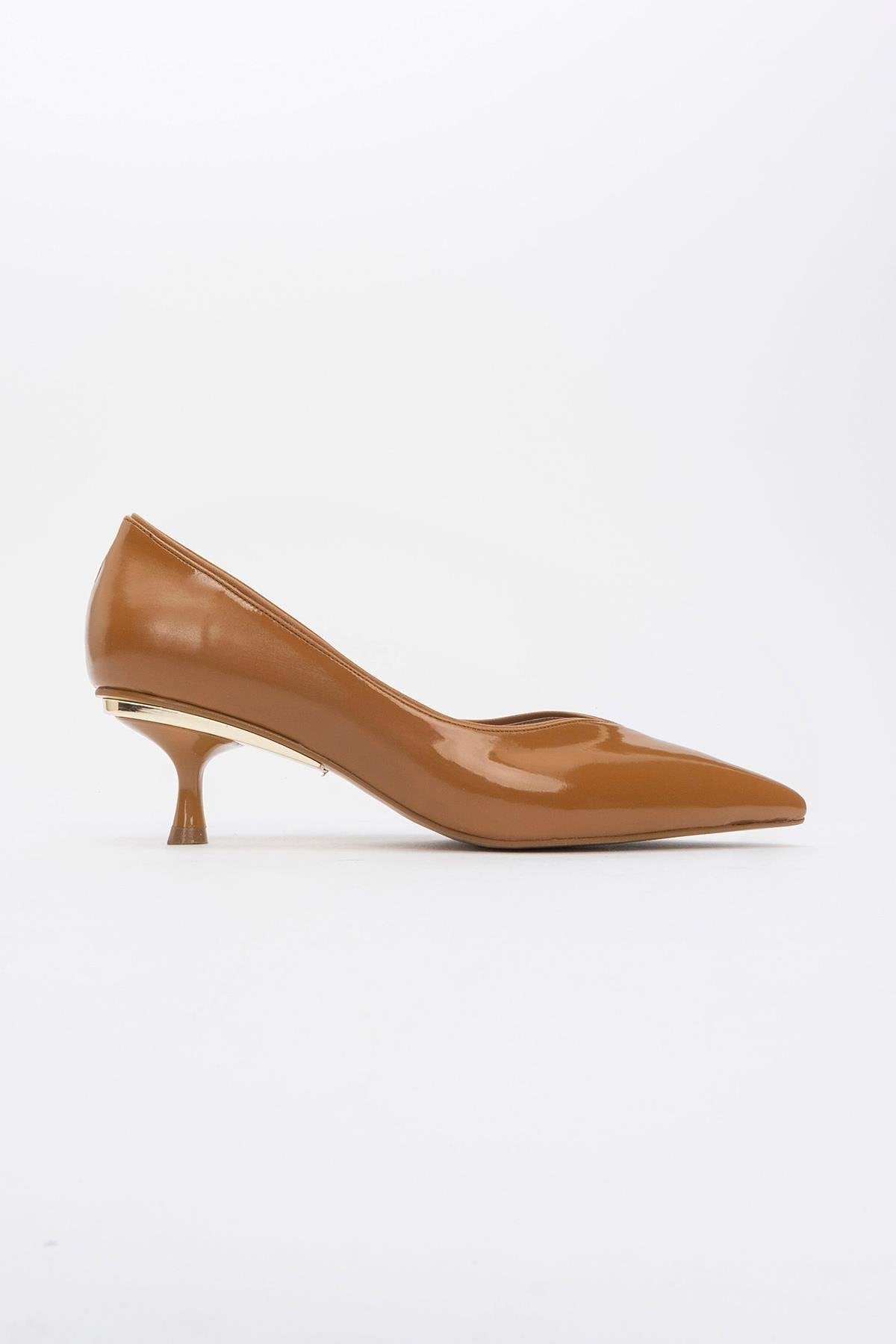 Eupho - Cognac Patent Low Heel Pump – heel view showing leather, SimmiUnique