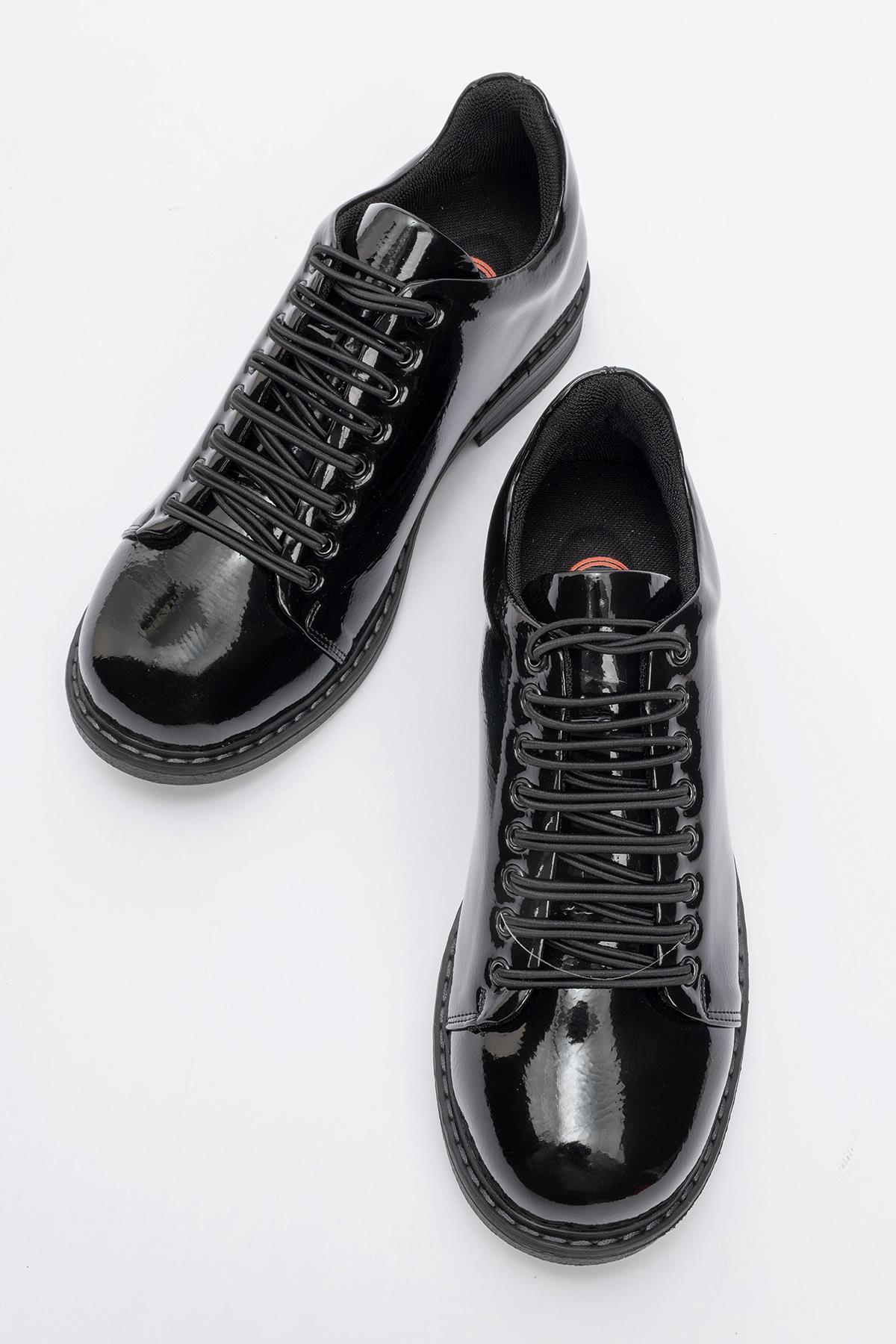 Festy - Black Patent Elastic Lace-Up Casual Shoe – side view showing lace, leather, black, SimmiUnique