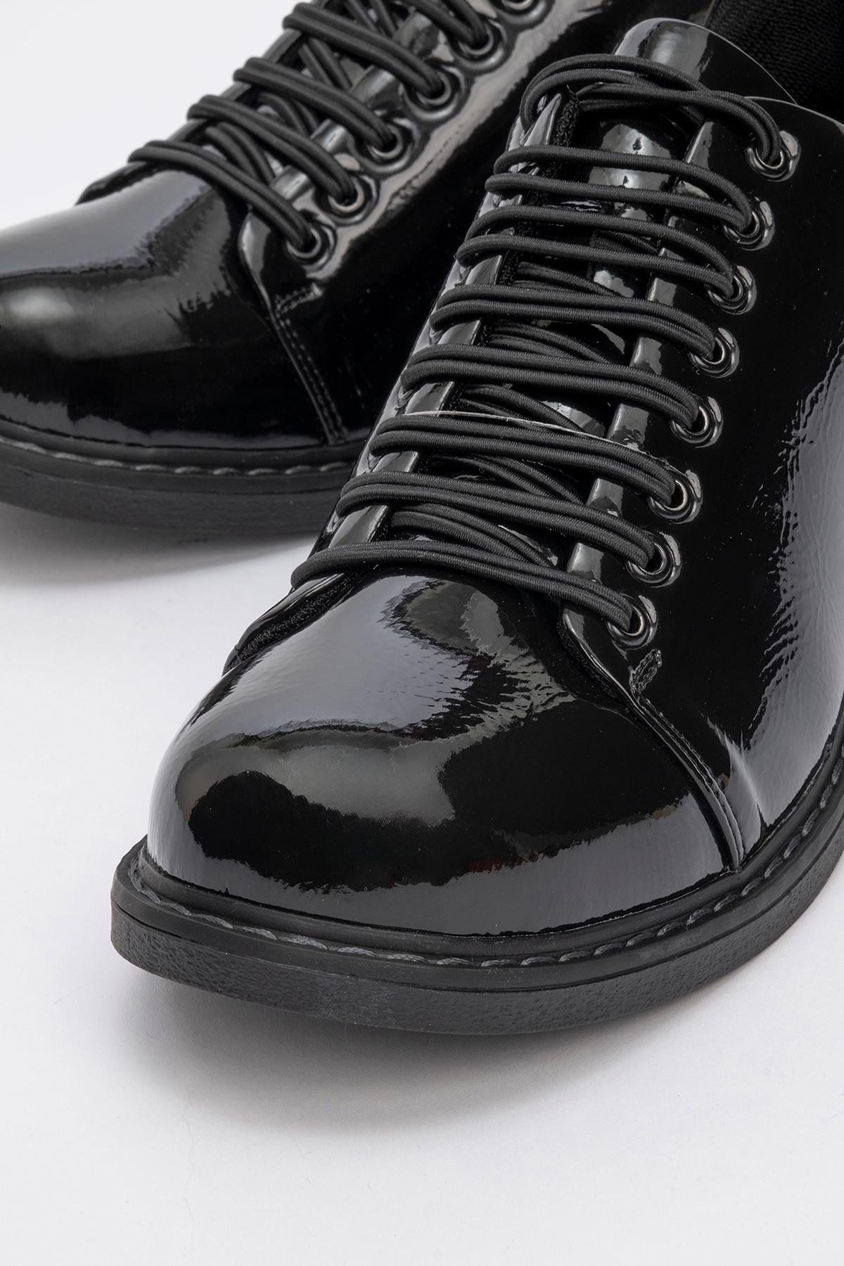 Festy - Black Patent Elastic Lace-Up Casual Shoe – detail view showing lace, leather, black, SimmiUnique