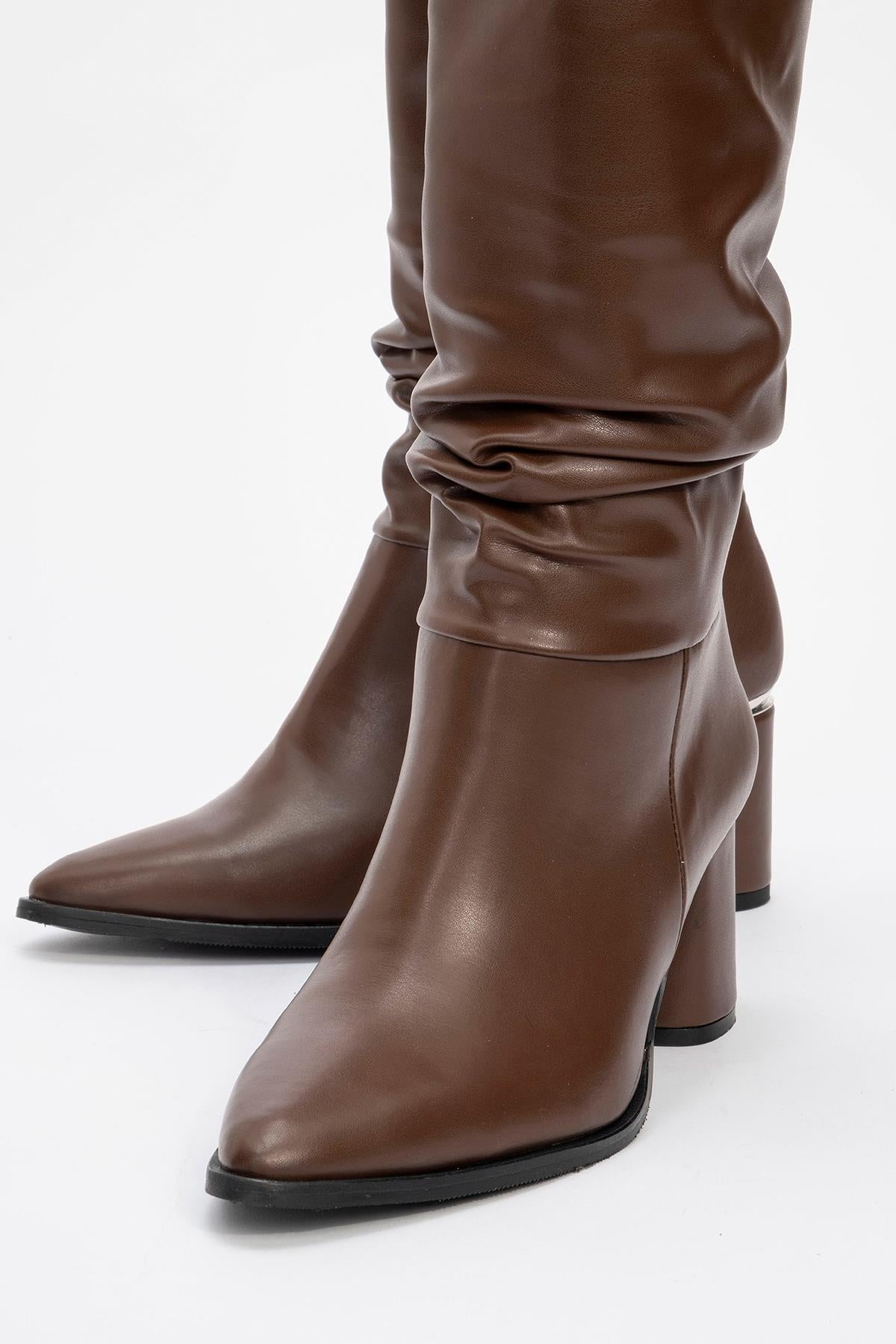 120 - Brown Gusset Block Heel Boot – detail view showing leather, SimmiUnique