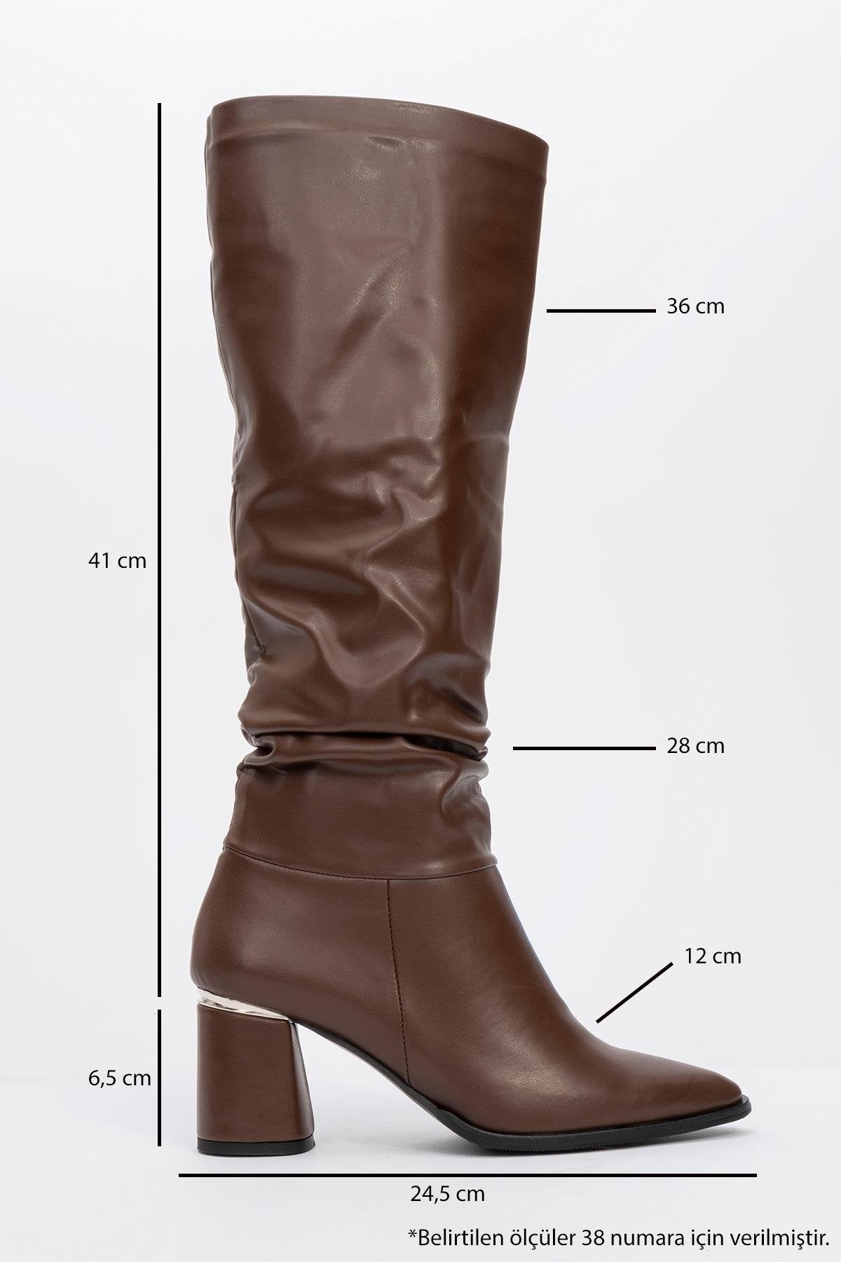 120 - Brown Gusset Block Heel Boot – heel view showing leather, SimmiUnique