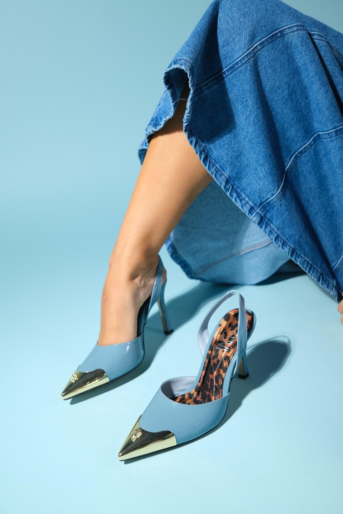 Jubez - Blue Patent Slim Heel Pump – heel view showing leather, blue, SimmiUnique