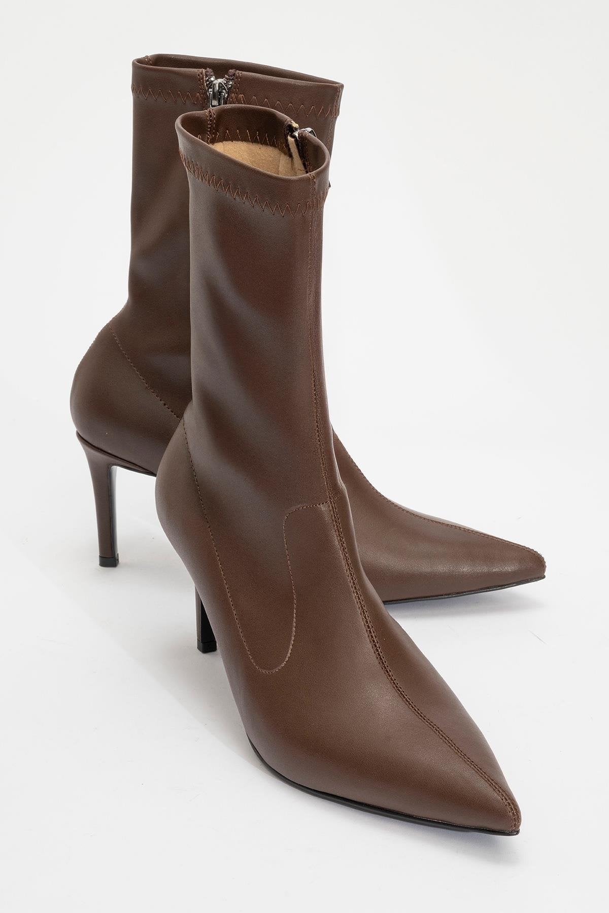 Thalin - Brown Pointed Toe Side Zip Slim Heel Boot – front three-quarter view showing leather, SimmiUnique