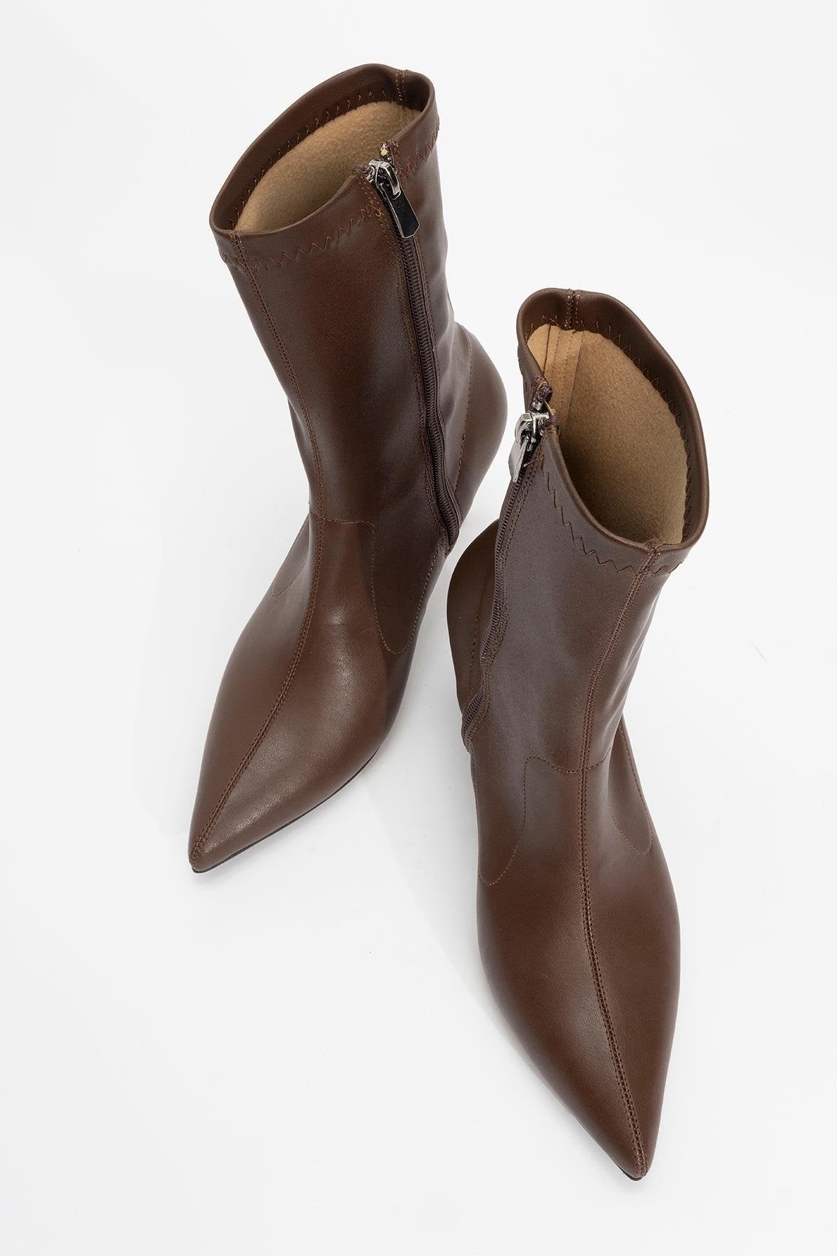 Thalin - Brown Pointed Toe Side Zip Slim Heel Boot – side view showing leather, SimmiUnique