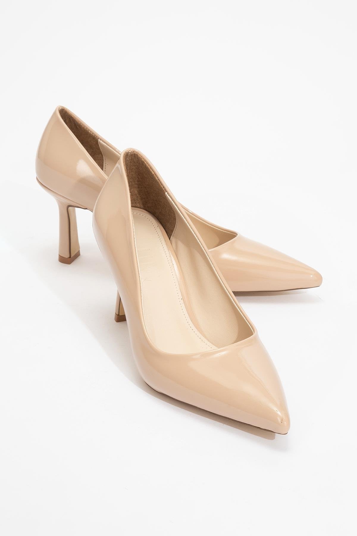 Calse - Dark Beige Patent Heeled Shoe – front three-quarter view showing leather, SimmiUnique