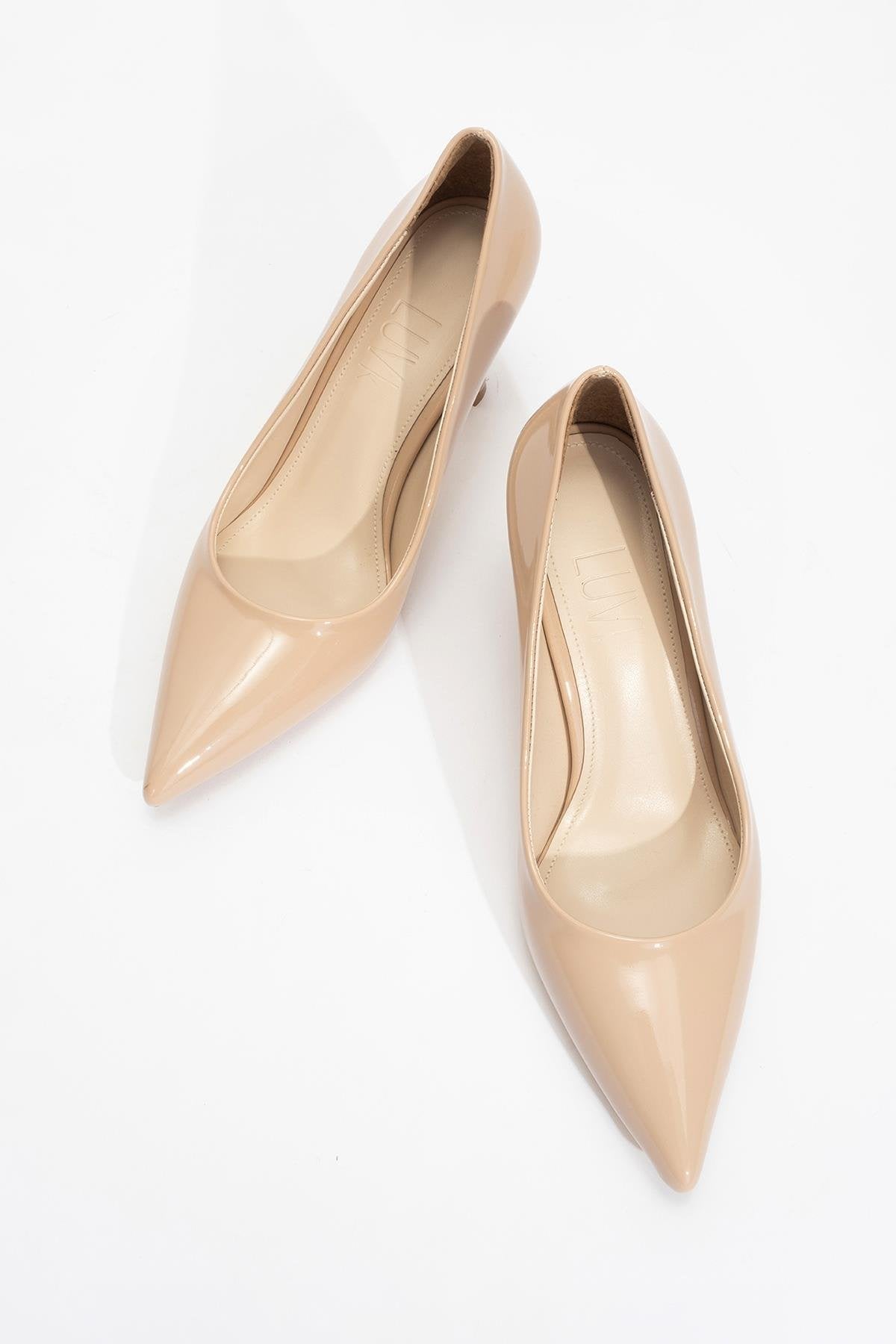Calse - Dark Beige Patent Heeled Shoe – side view showing leather, SimmiUnique